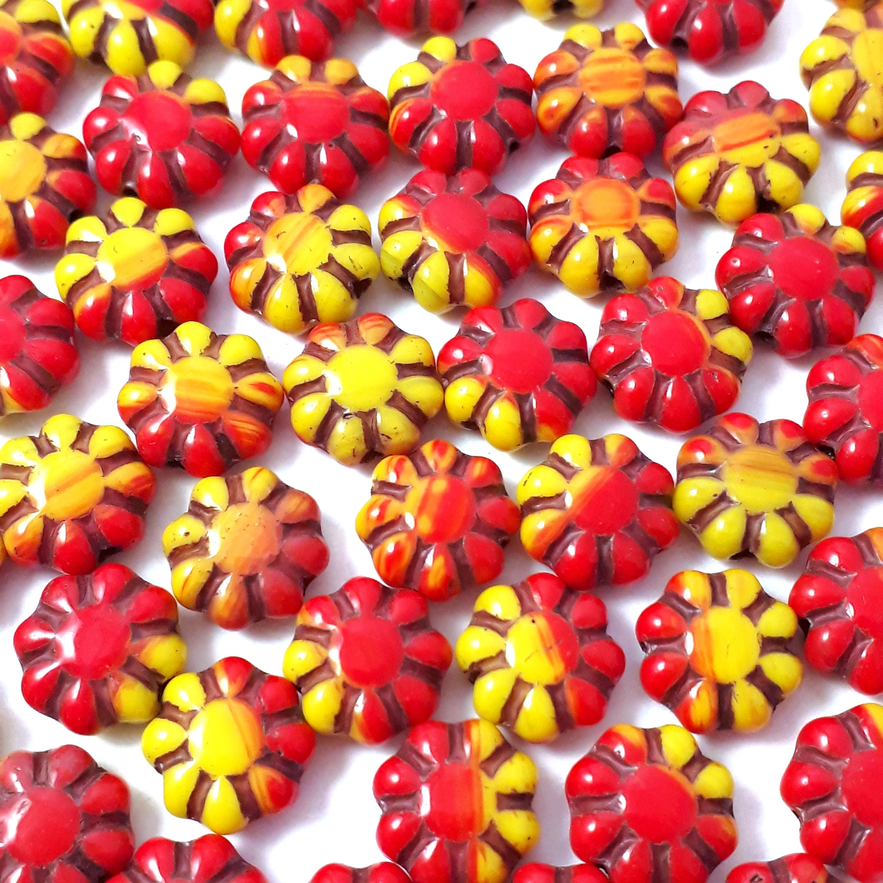 Red & Yellow Czech Glass Hawaiian Flower 9mm - 10pcs