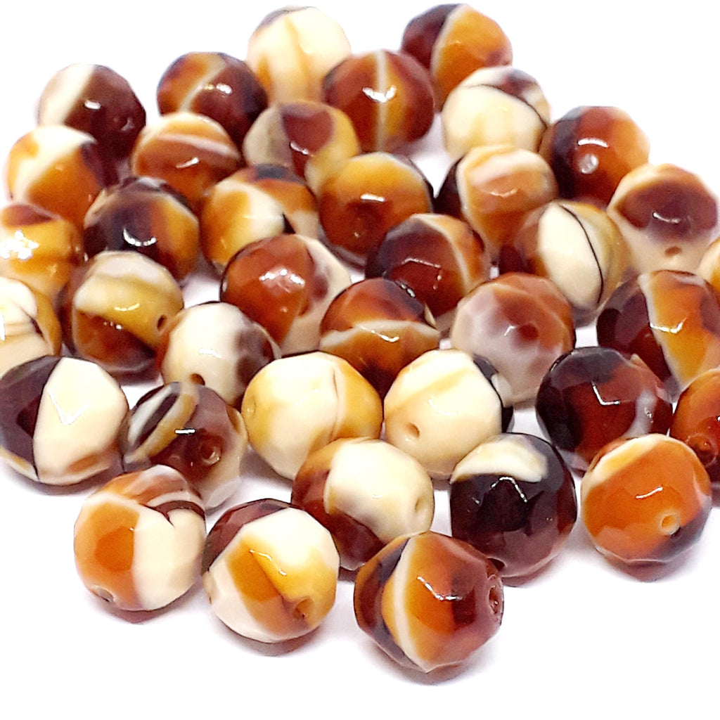 Brown & Beige Faceted Czech Glass Round 10x9mm - 6pcs