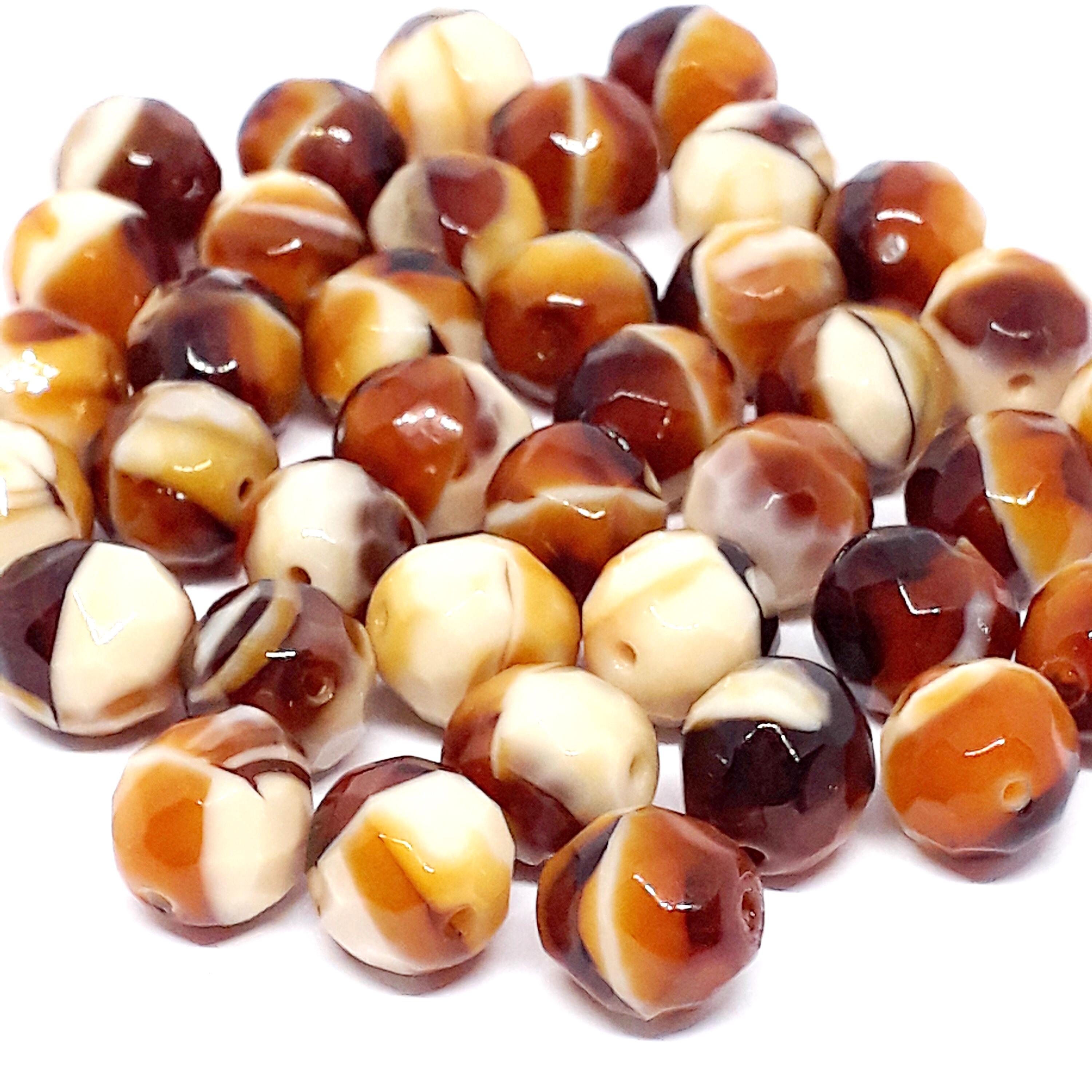 Brown & Beige Faceted Czech Glass Round 10x9mm - 6pcs