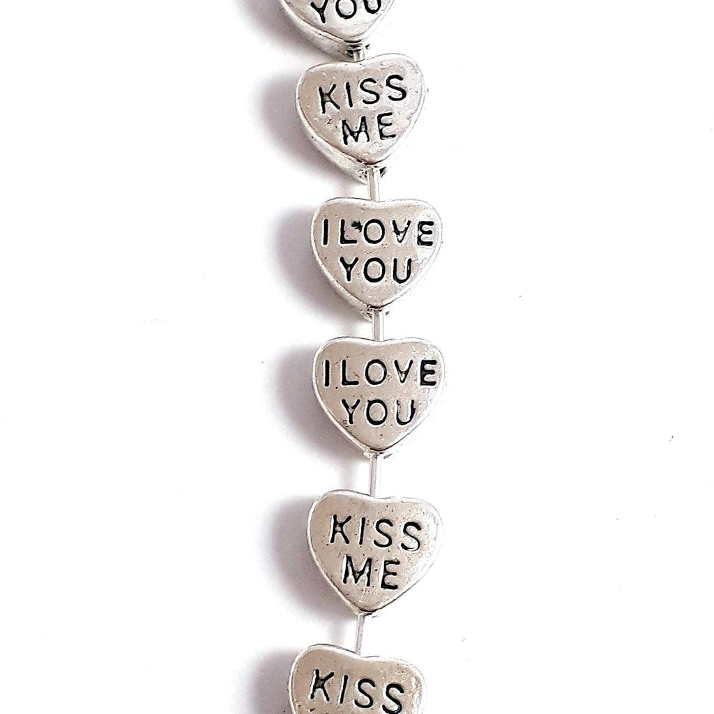 'I Love You' & 'Kiss Me' Heart Antique Silver 8x7mm - 20pcs