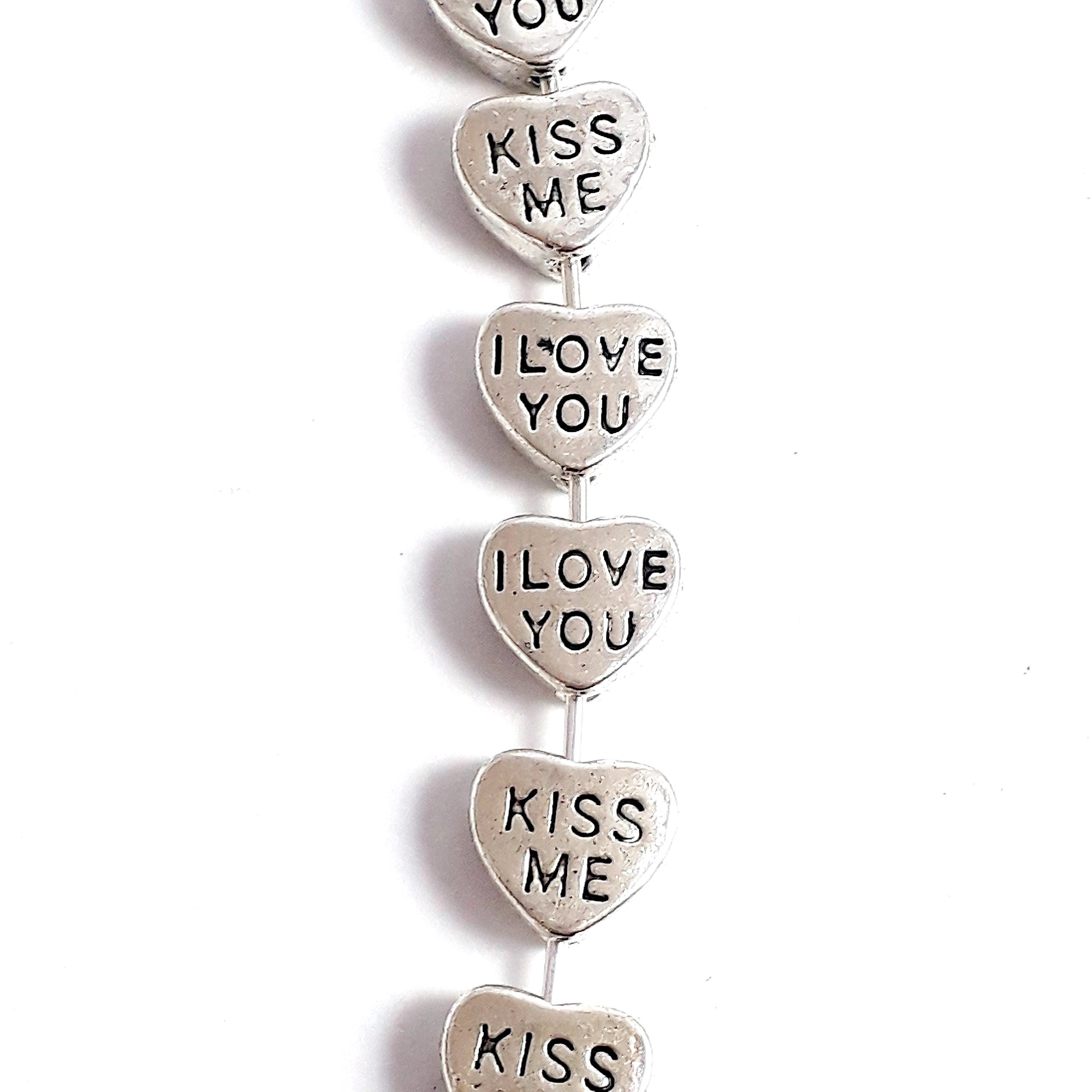 'I Love You' & 'Kiss Me' Heart Antique Silver 8x7mm - 20pcs