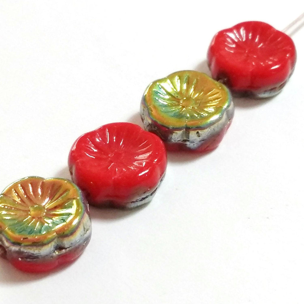 Metallic AB & Red Hawaiian Flower Czech Glass 12mm - 6pcs