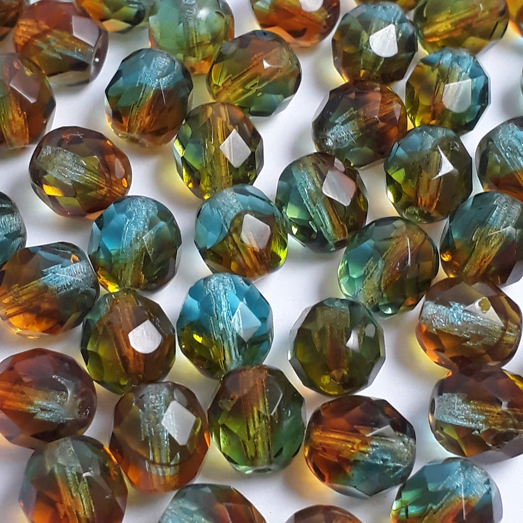 Green, Blue & Brown Faceted Czech Glass 8mm - 10pcs