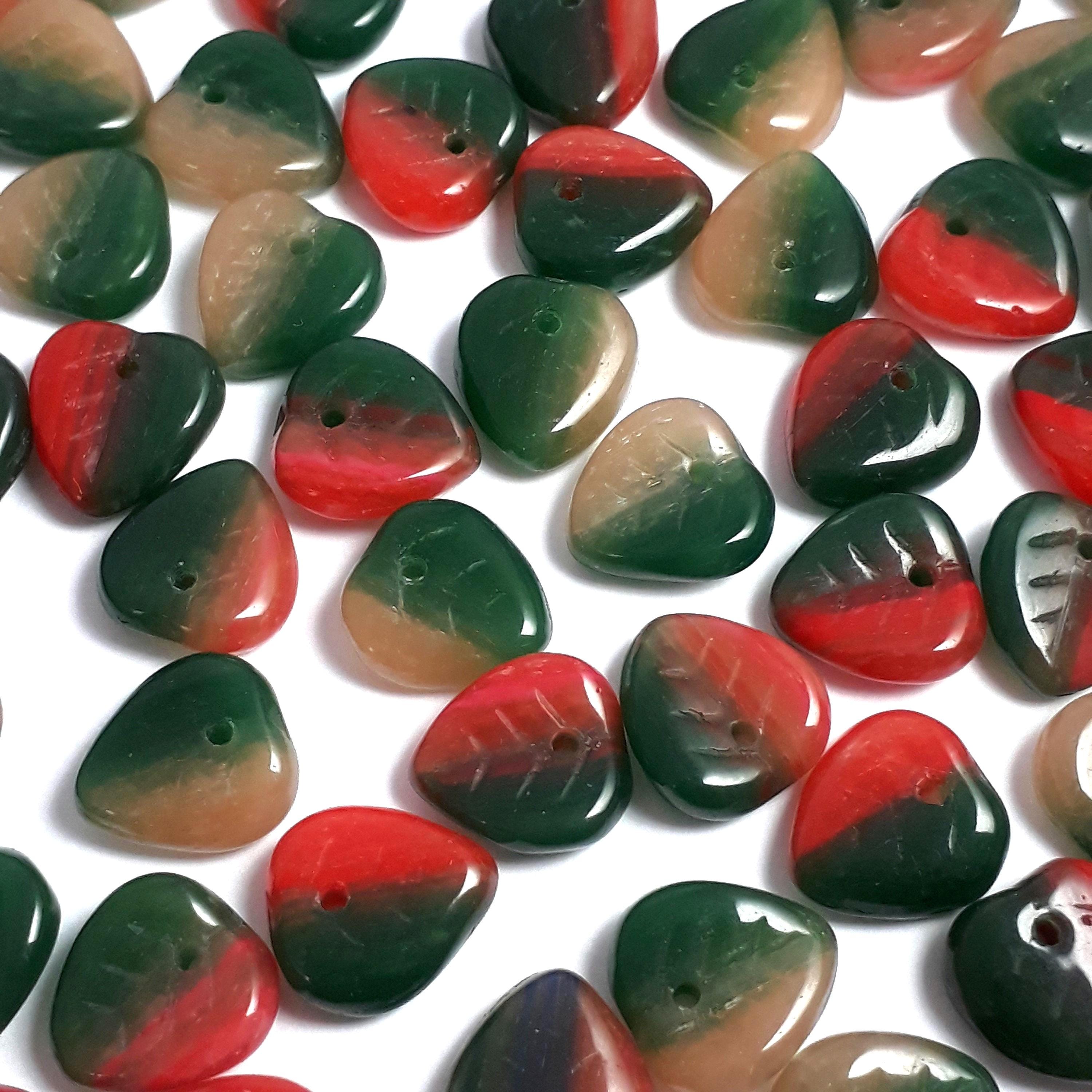 Dark Green, Red & Beige Czech Glass Leaf 9mm - 30pcs