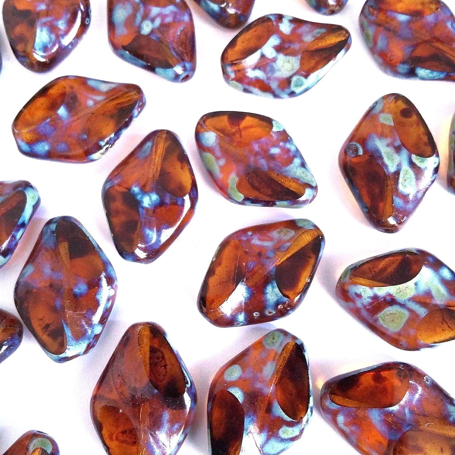 Wavy Leaf Brown Picasso Czech Glass 19x13mm - 6pcs