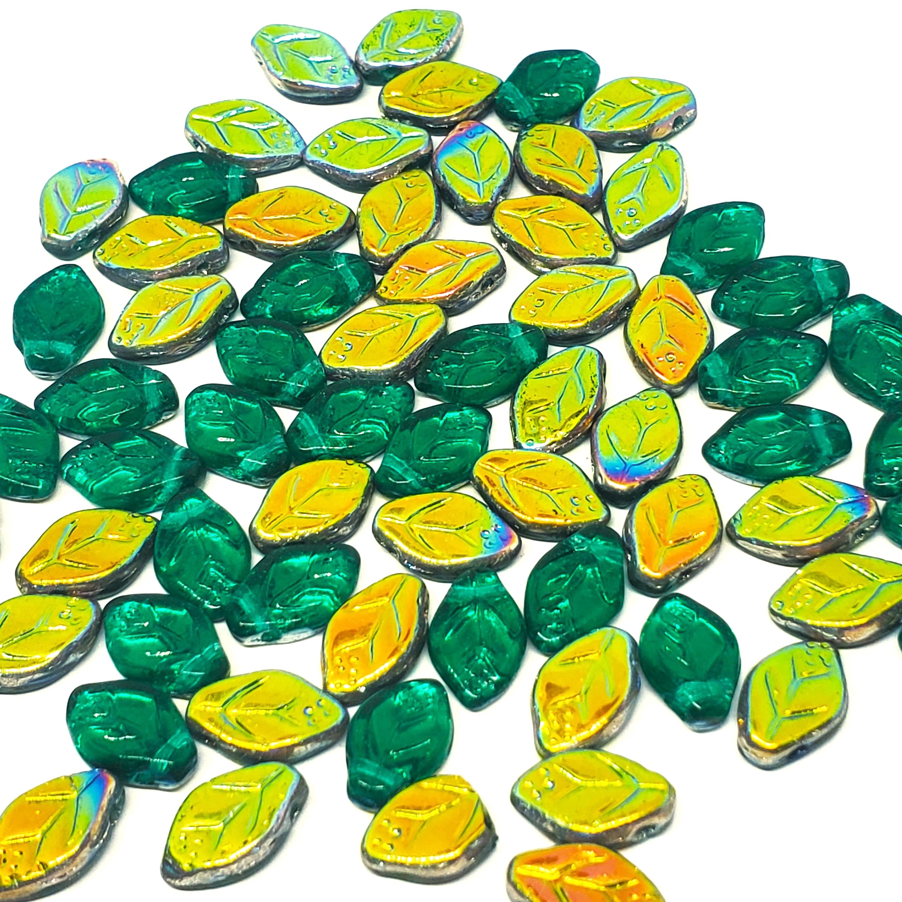 Green & Metallic Gold/Pink Czech Glass Leaf 12x7mm - 20pcs