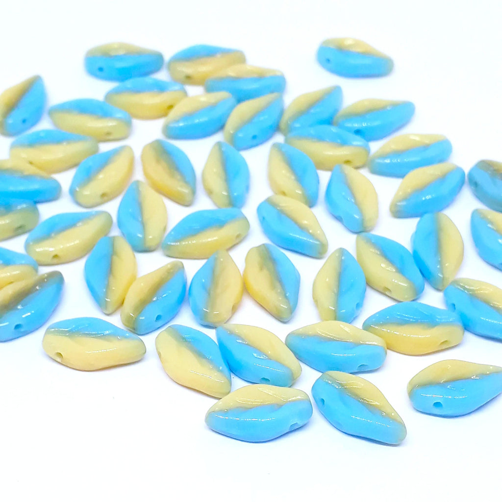 Blue & Cream Czech Glass Leaf 10x6mm - 30pcs