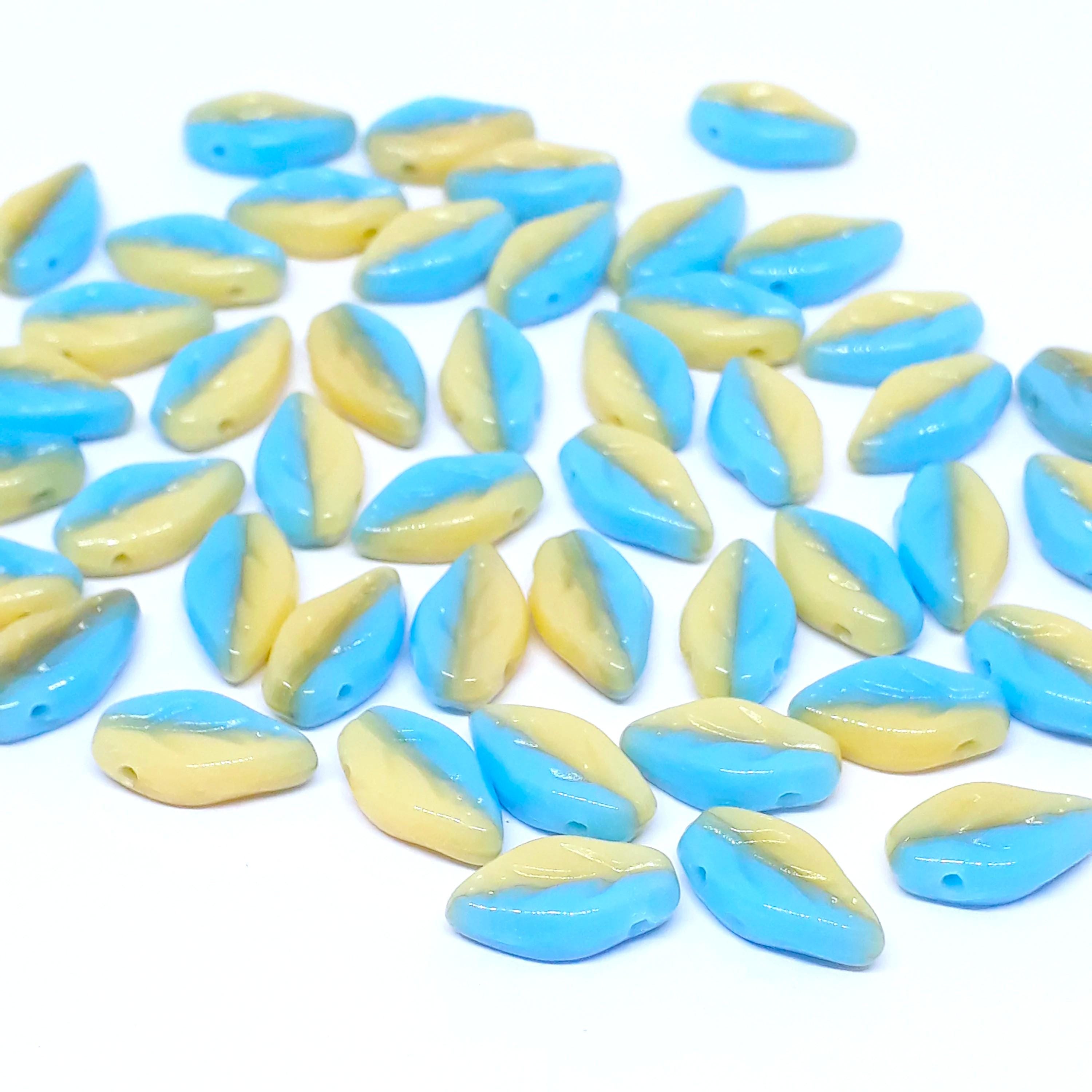 Blue & Cream Czech Glass Leaf 10x6mm - 30pcs