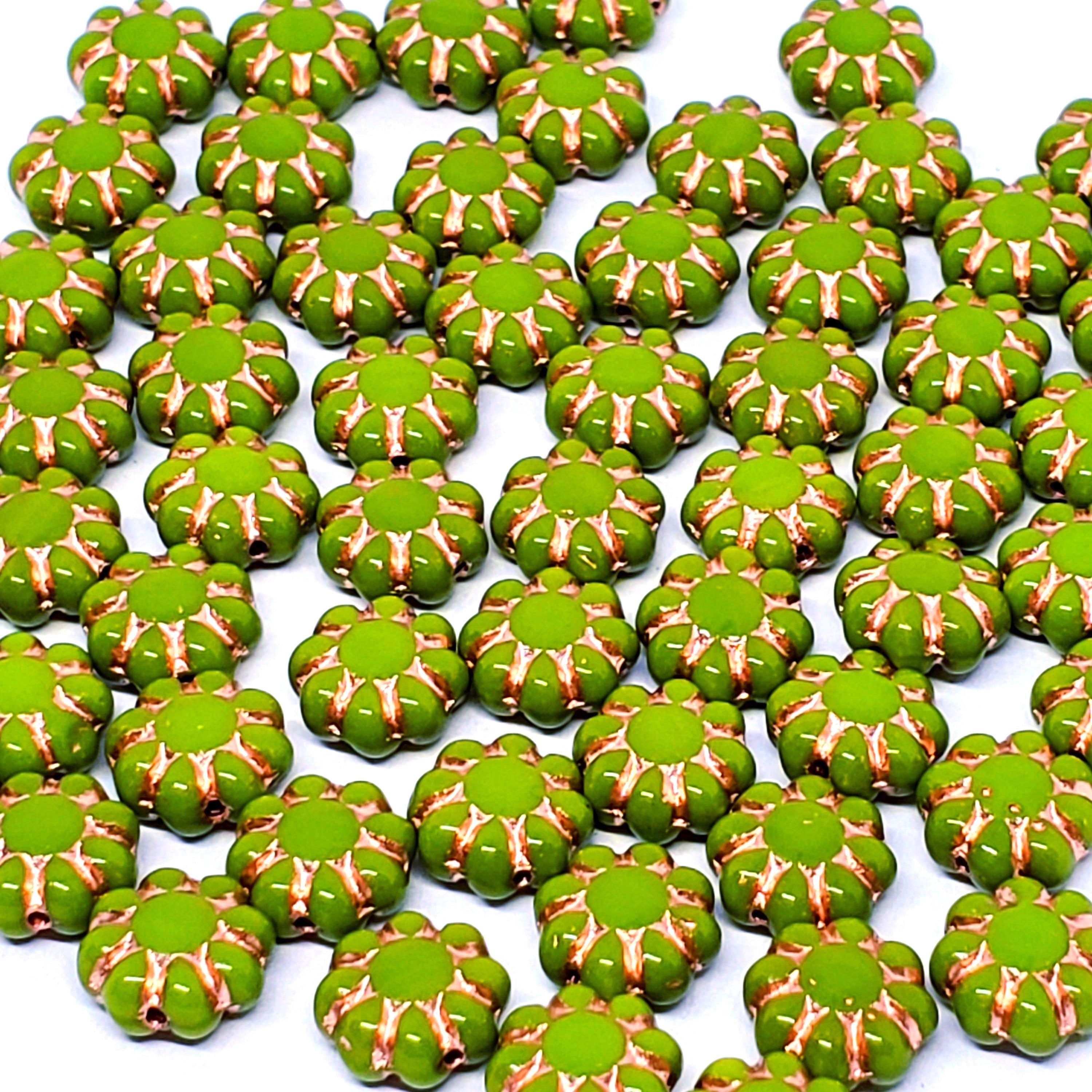 Green & Copper Hawaiian Flower Czech Glass 9mm - 10pcs