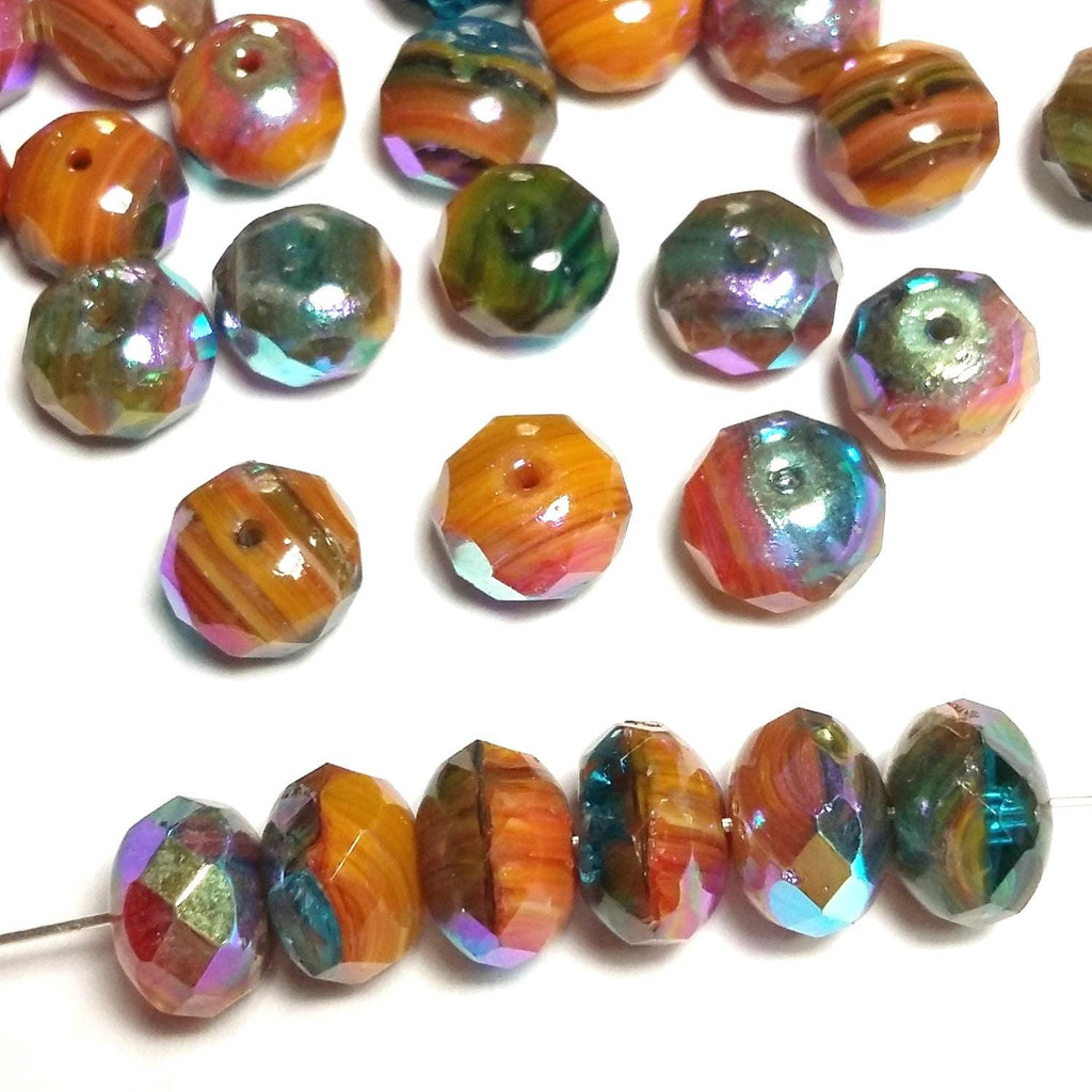 Burnt Orange & Metallic Blue Czech Glass Rondelle 11x7mm - 6pcs
