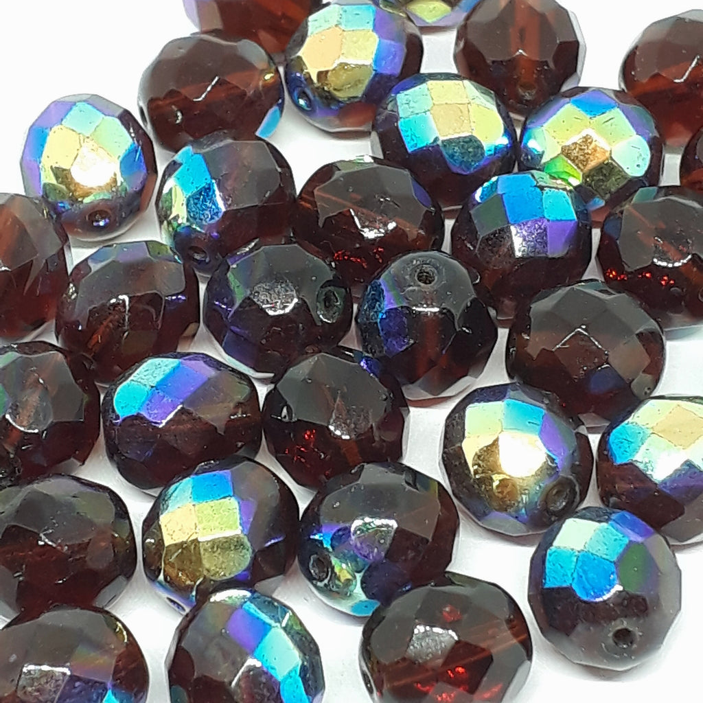 Brown Metallic AB Faceted Czech Glass Round 10x9mm - 10pcs