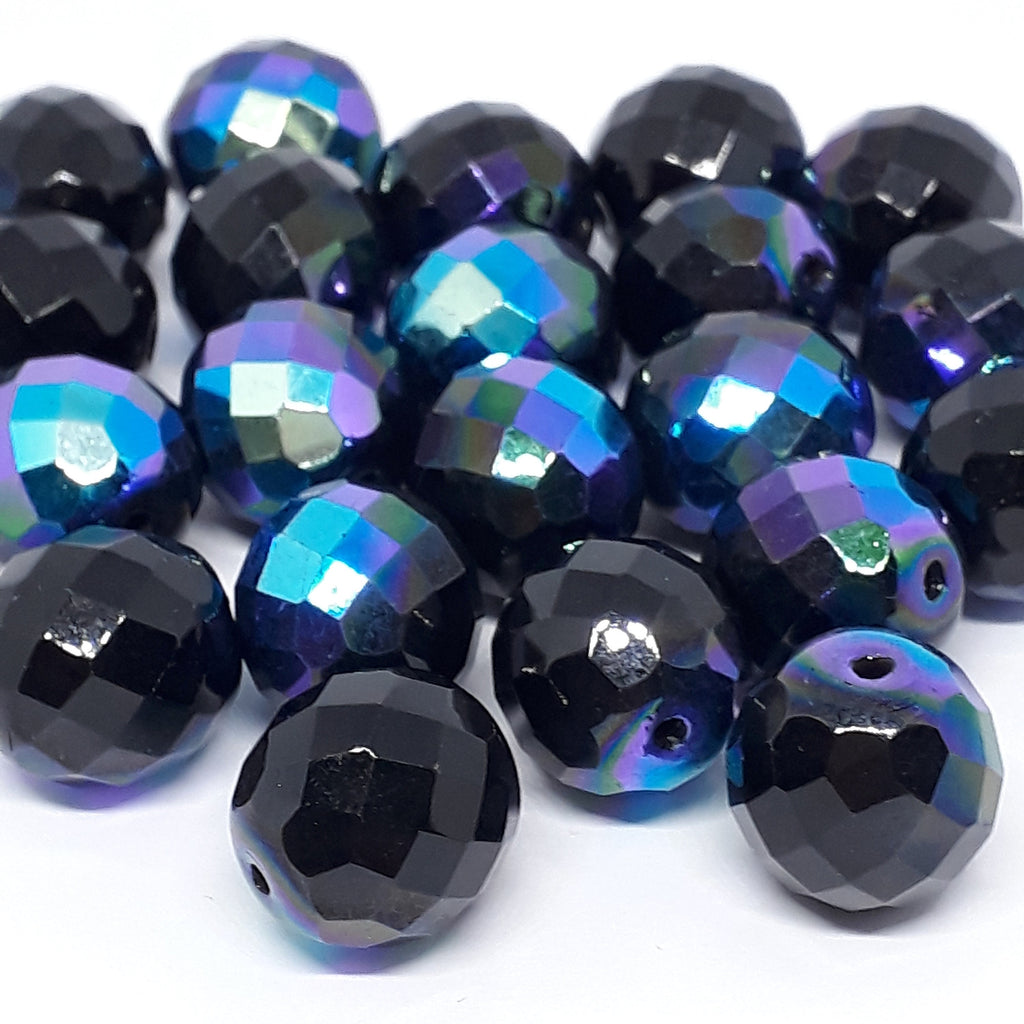 Black AB Faceted Czech Glass Round 14x13mm - 6pcs