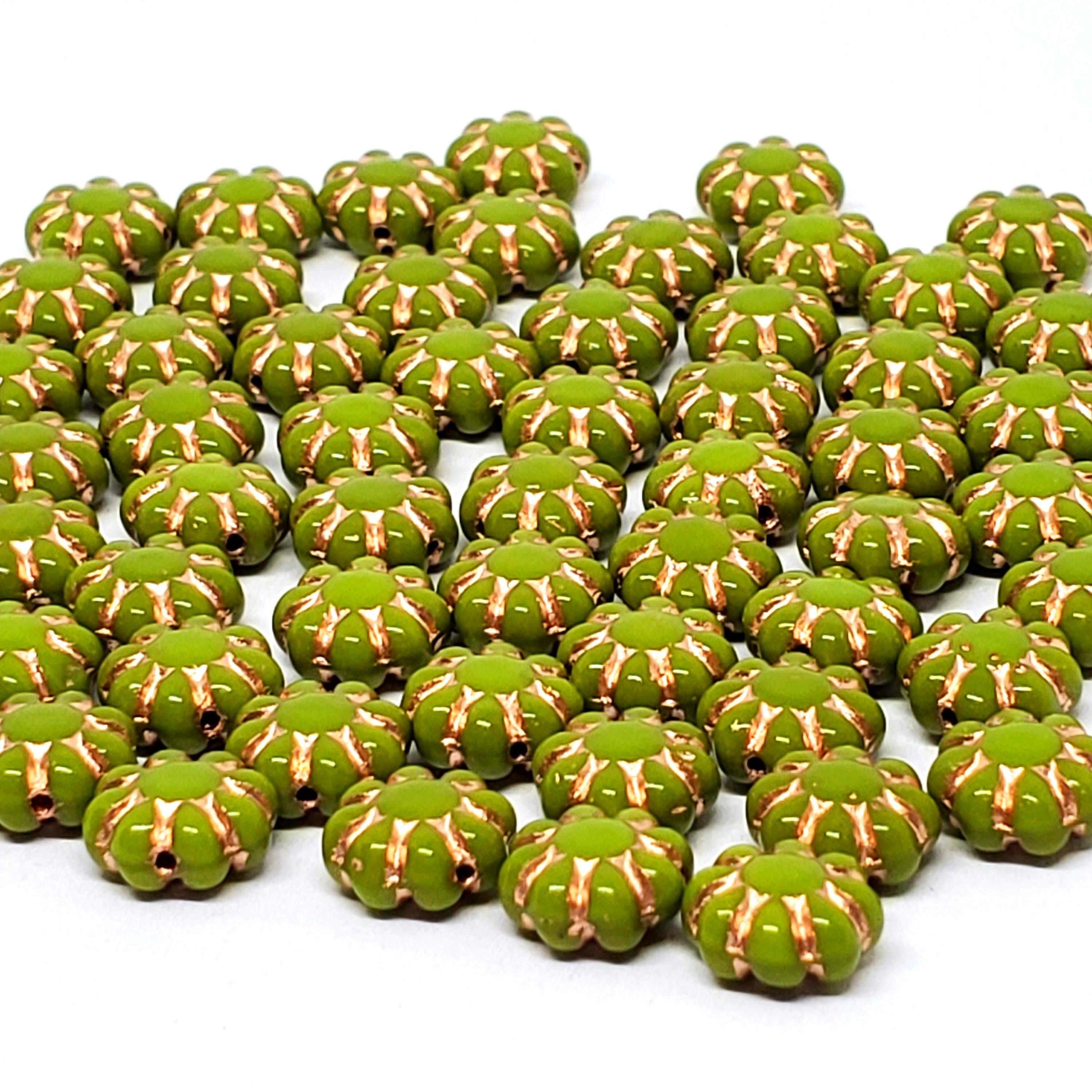Green & Copper Hawaiian Flower Czech Glass 9mm - 10pcs