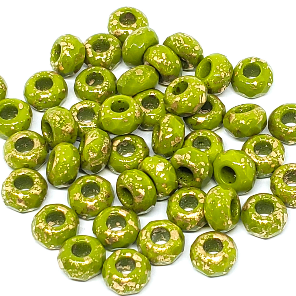 Green & Gold Czech Glass Donut 9x6mm - 6pcs