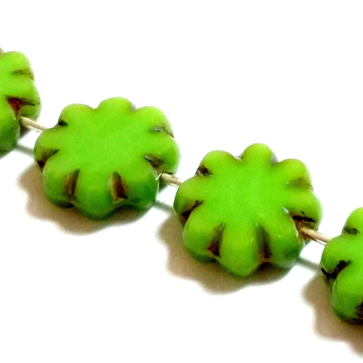 Lime Green Table Cut Czech Glass Flower 9mm - 6pcs