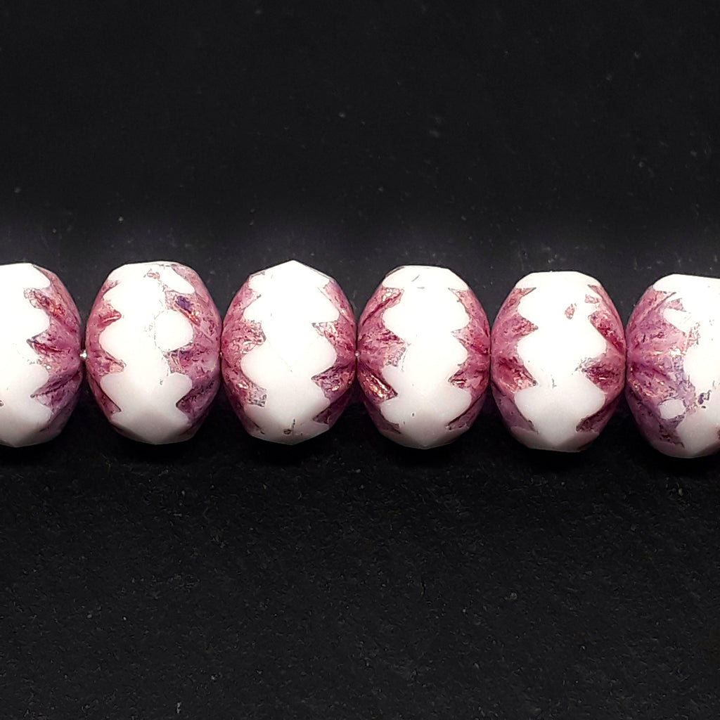 White Dusty Rose & Gold Lustre Czech Glass Rondelle 10x7mm - 6pcs