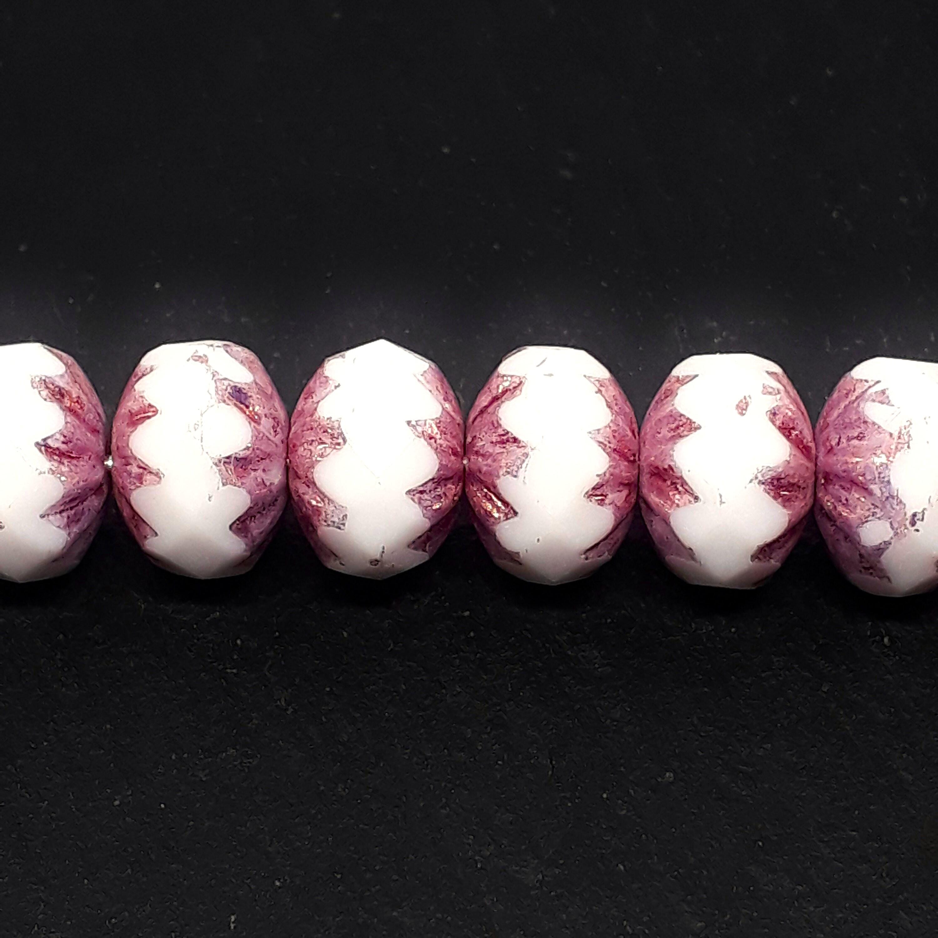 White Dusty Rose & Gold Lustre Czech Glass Rondelle 10x7mm - 6pcs
