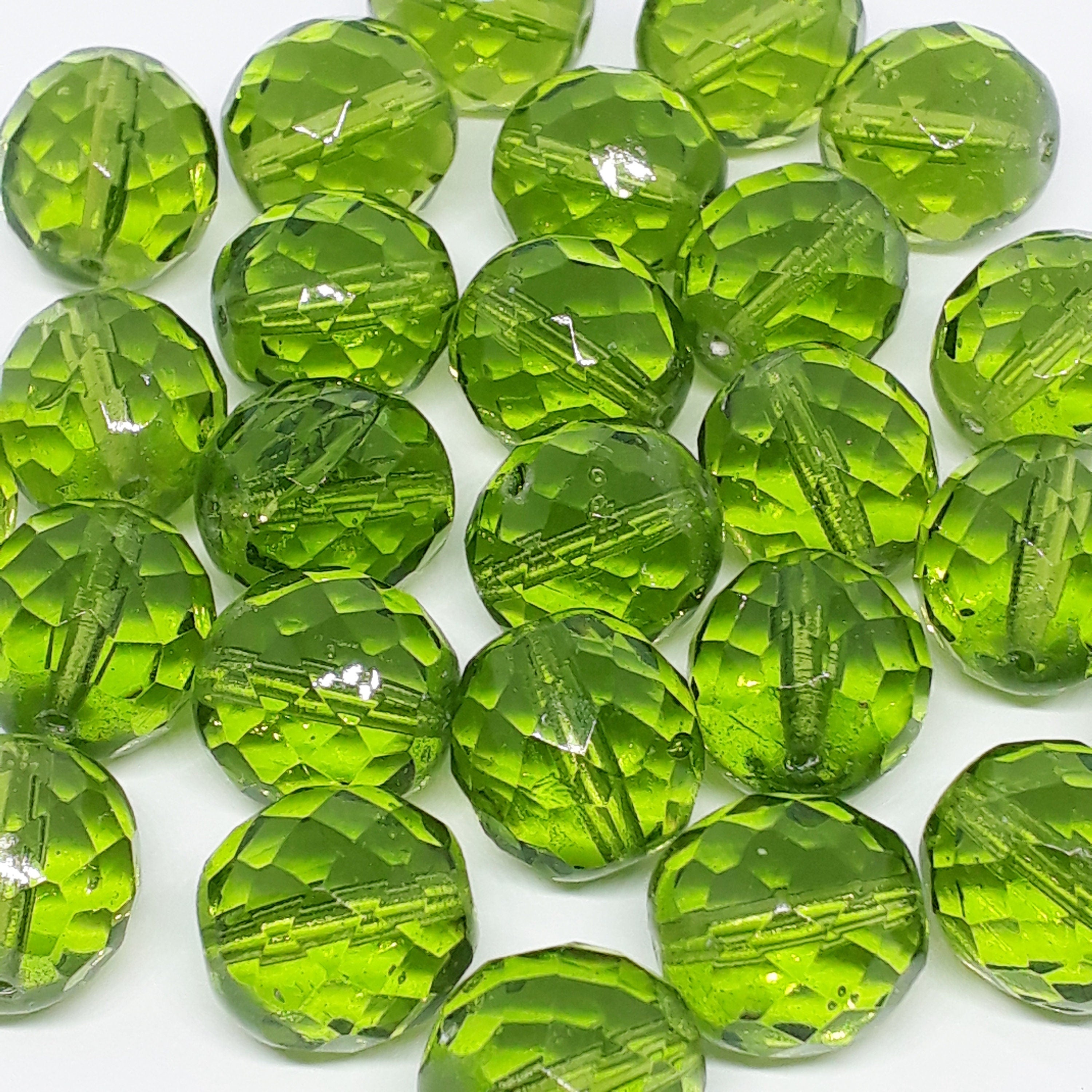 Green Faceted Czech Glass Round 14x13mm - 6pcs
