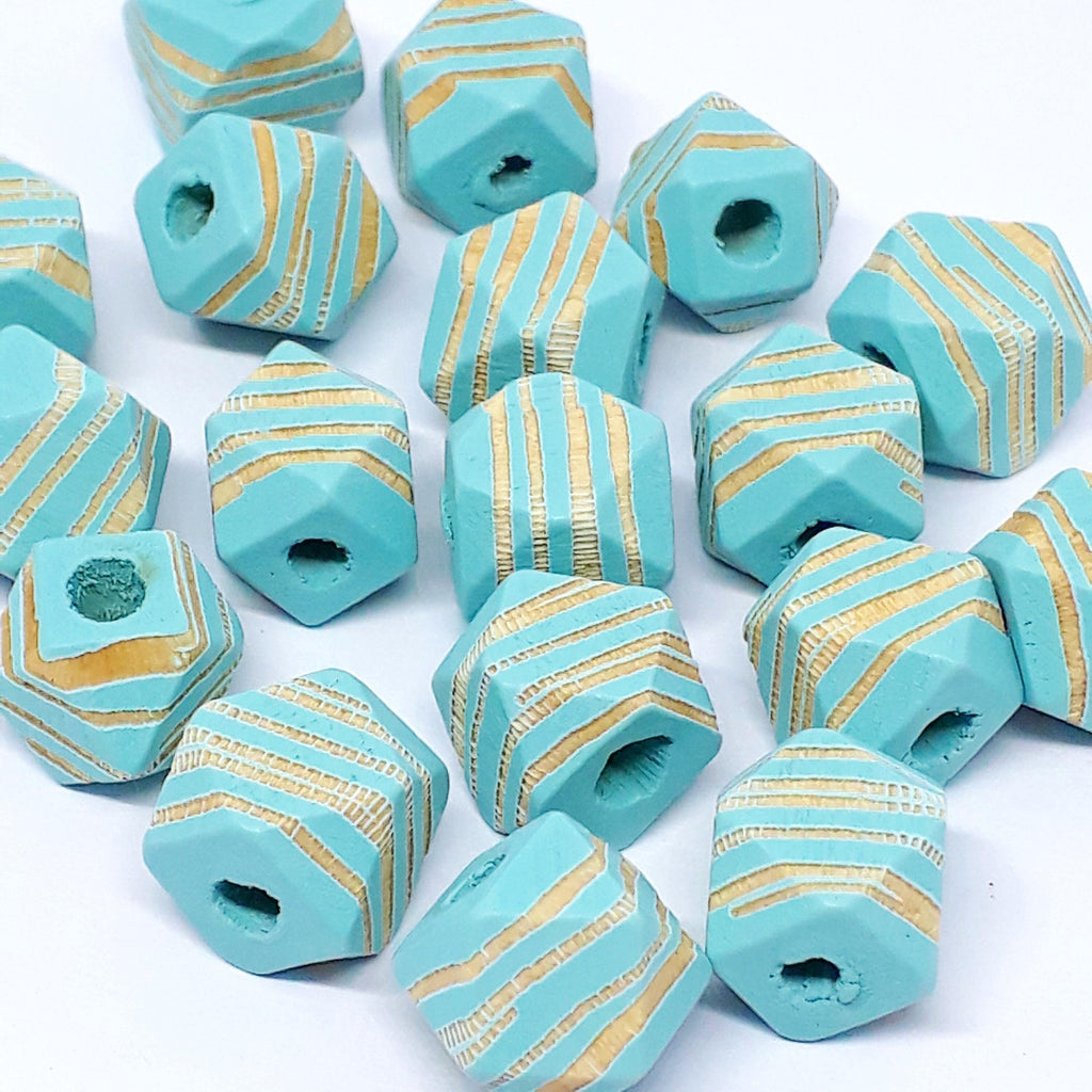 Turquoise Striped Carved Wood Polygon 10x10mm - 5pcs