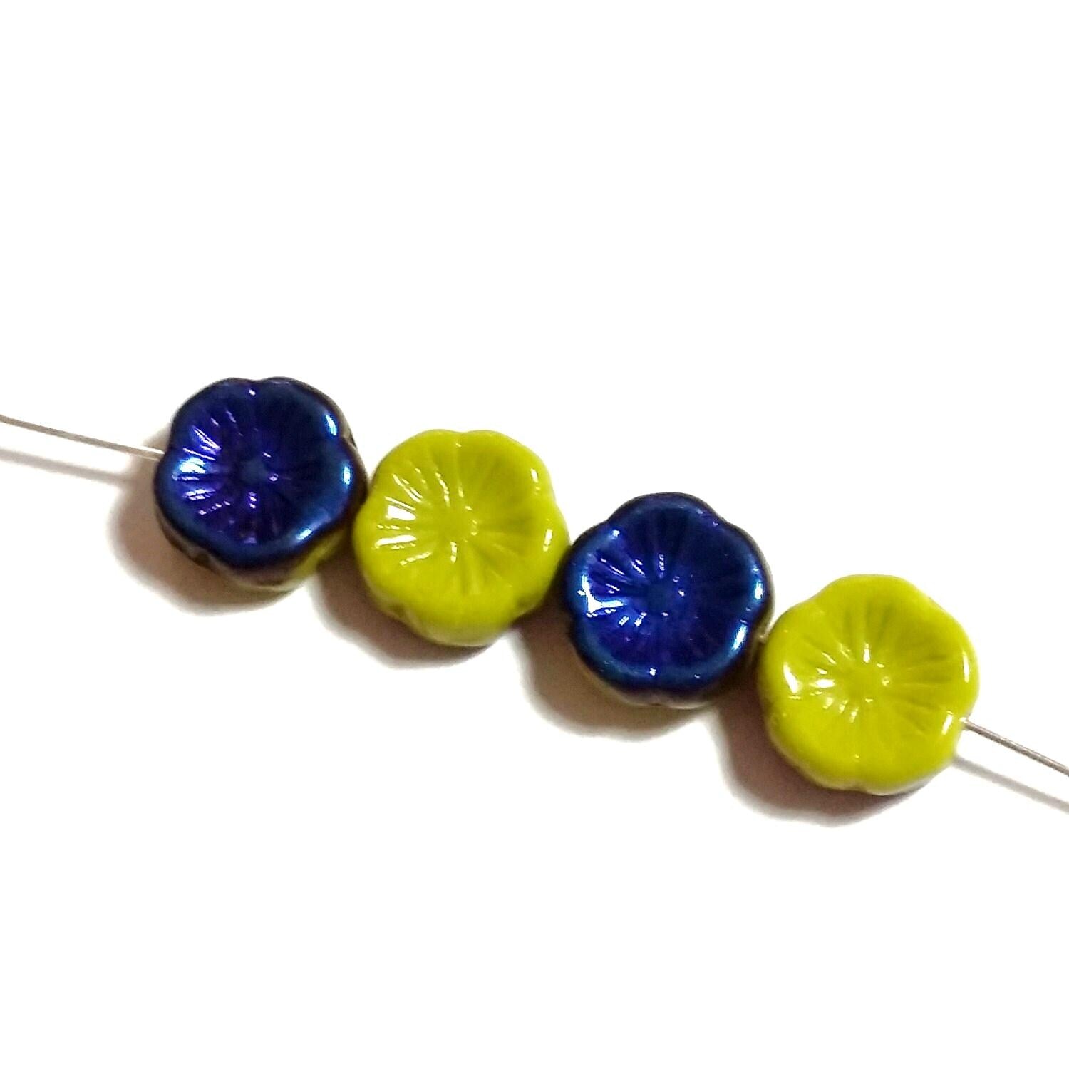 Green & Metallic Blue Hawaiian Flower Czech Glass 12mm - 6pcs