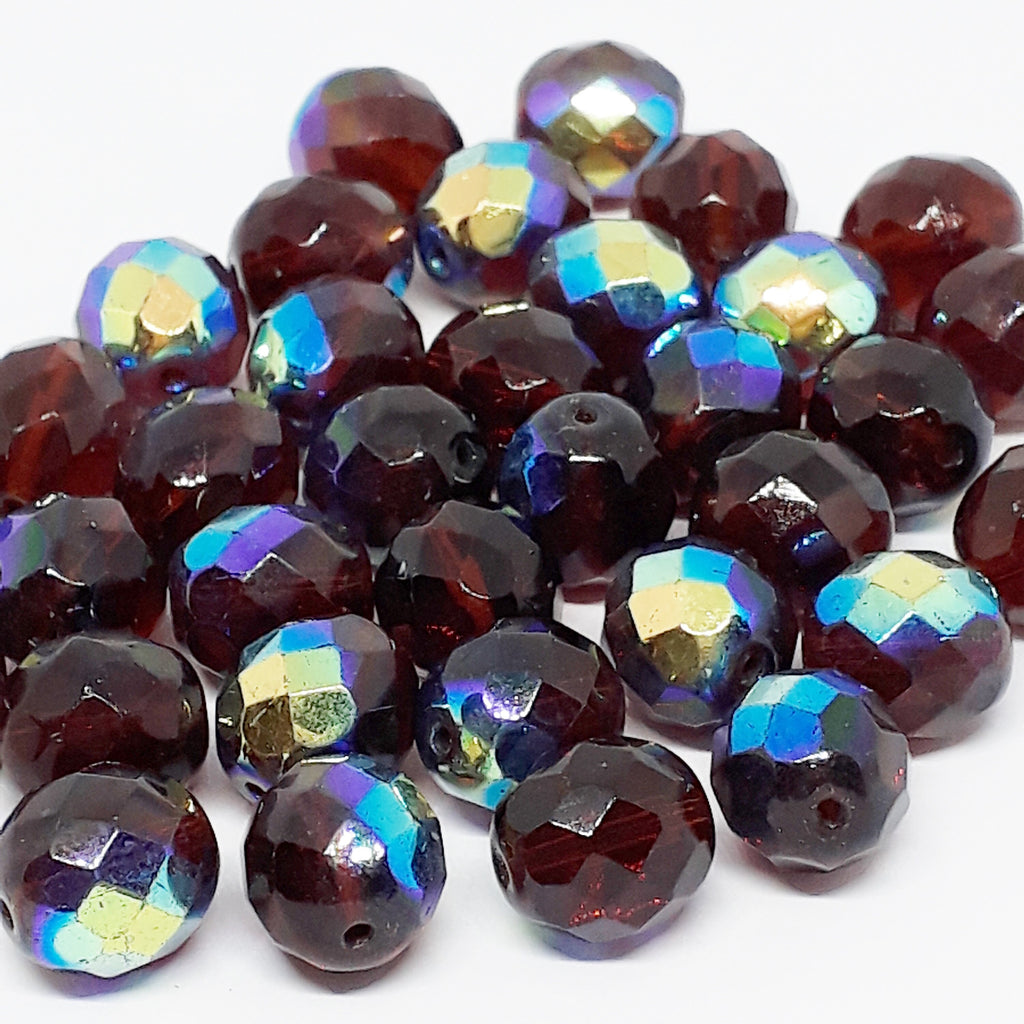 Brown Metallic AB Faceted Czech Glass Round 10x9mm - 10pcs