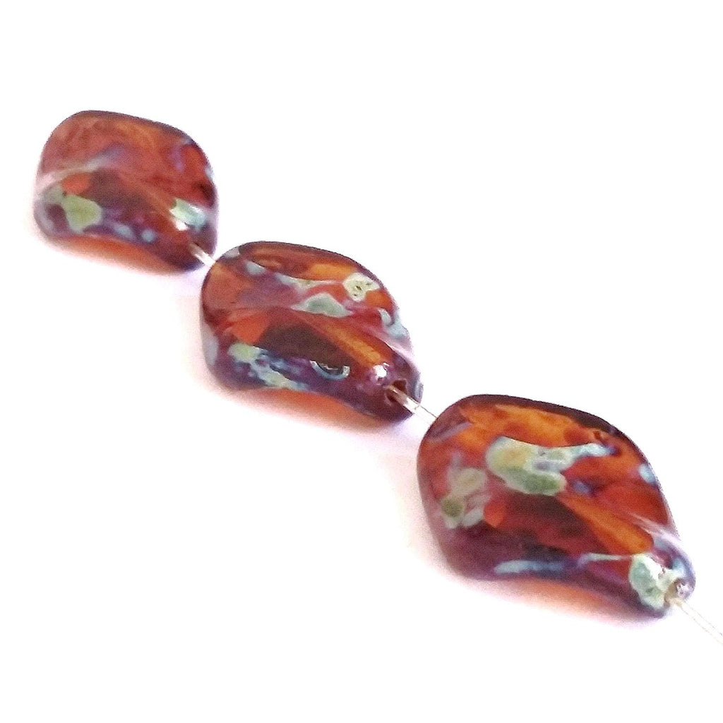 Wavy Leaf Brown Picasso Czech Glass 19x13mm - 6pcs