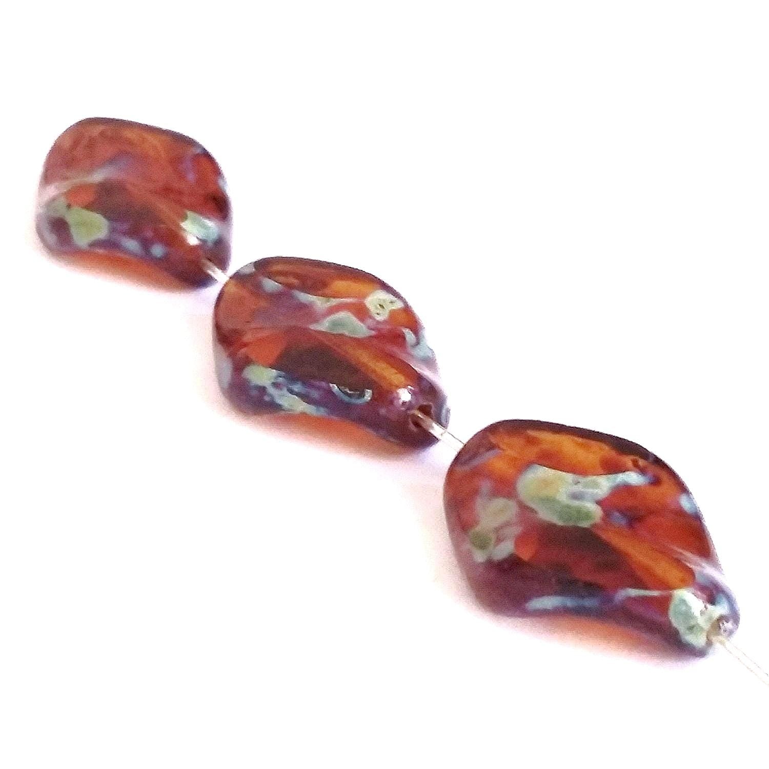 Wavy Leaf Brown Picasso Czech Glass 19x13mm - 6pcs