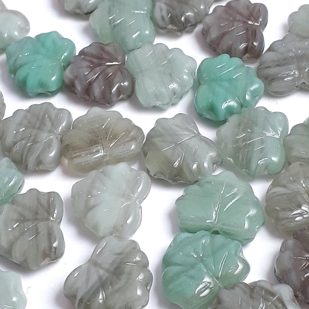 Turquoise & Grey Czech Glass Maple Leaf 13x11mm - 10pcs