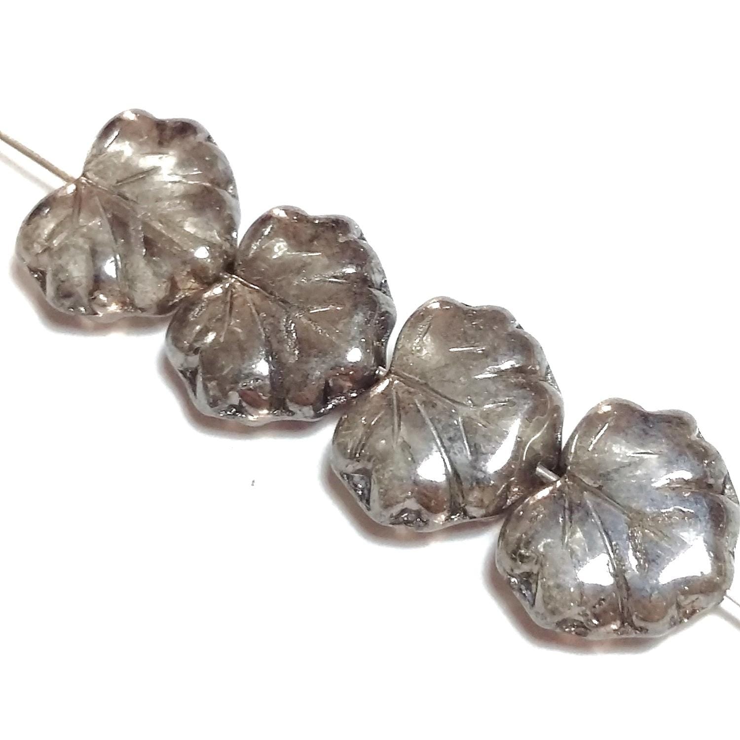 Grey & Silver Lustre Czech Glass Leaf 13x11mm - 10pcs