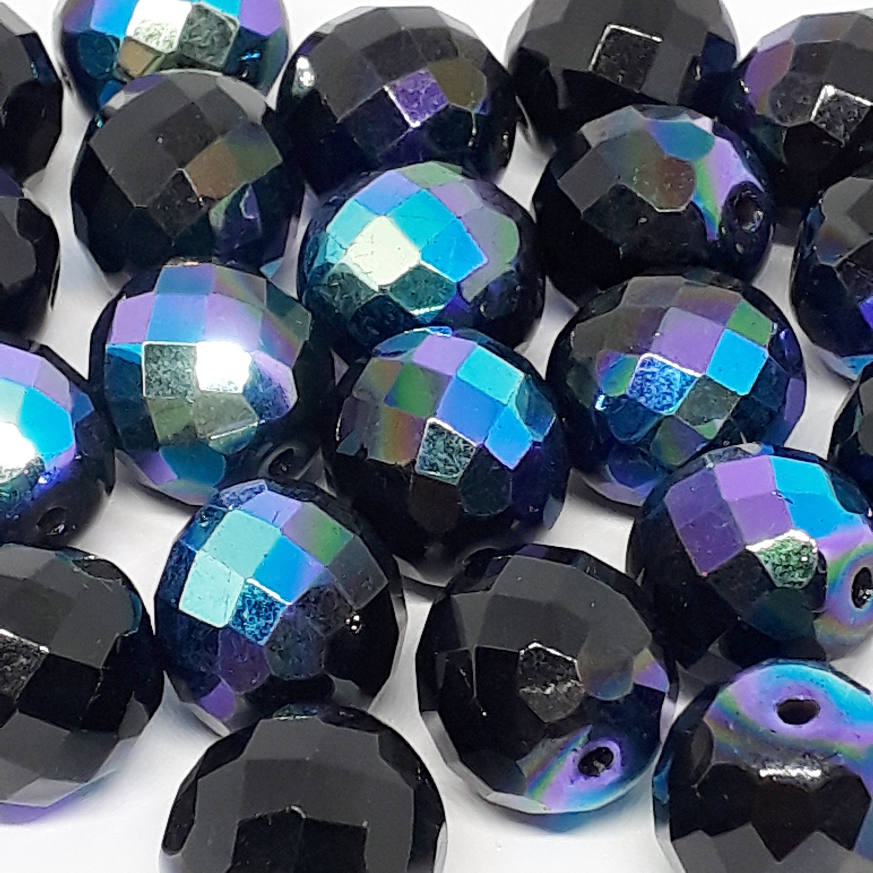 Black AB Faceted Czech Glass Round 14x13mm - 6pcs