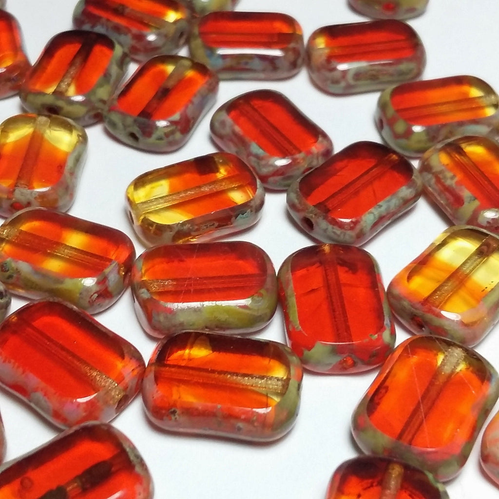 Orange & Yellow Czech Glass Rectangle 12x9mm - 6pcs