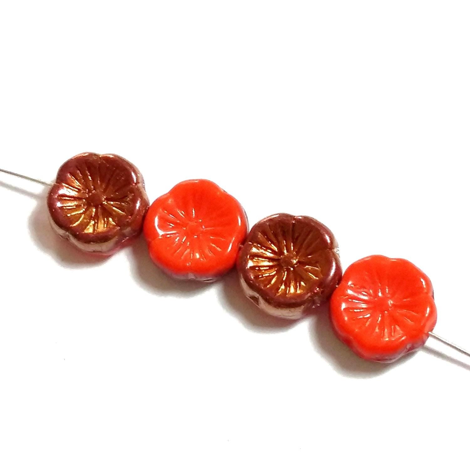 Orange & Copper Czech Glass Hawaiian Flower 12mm - 6pcs