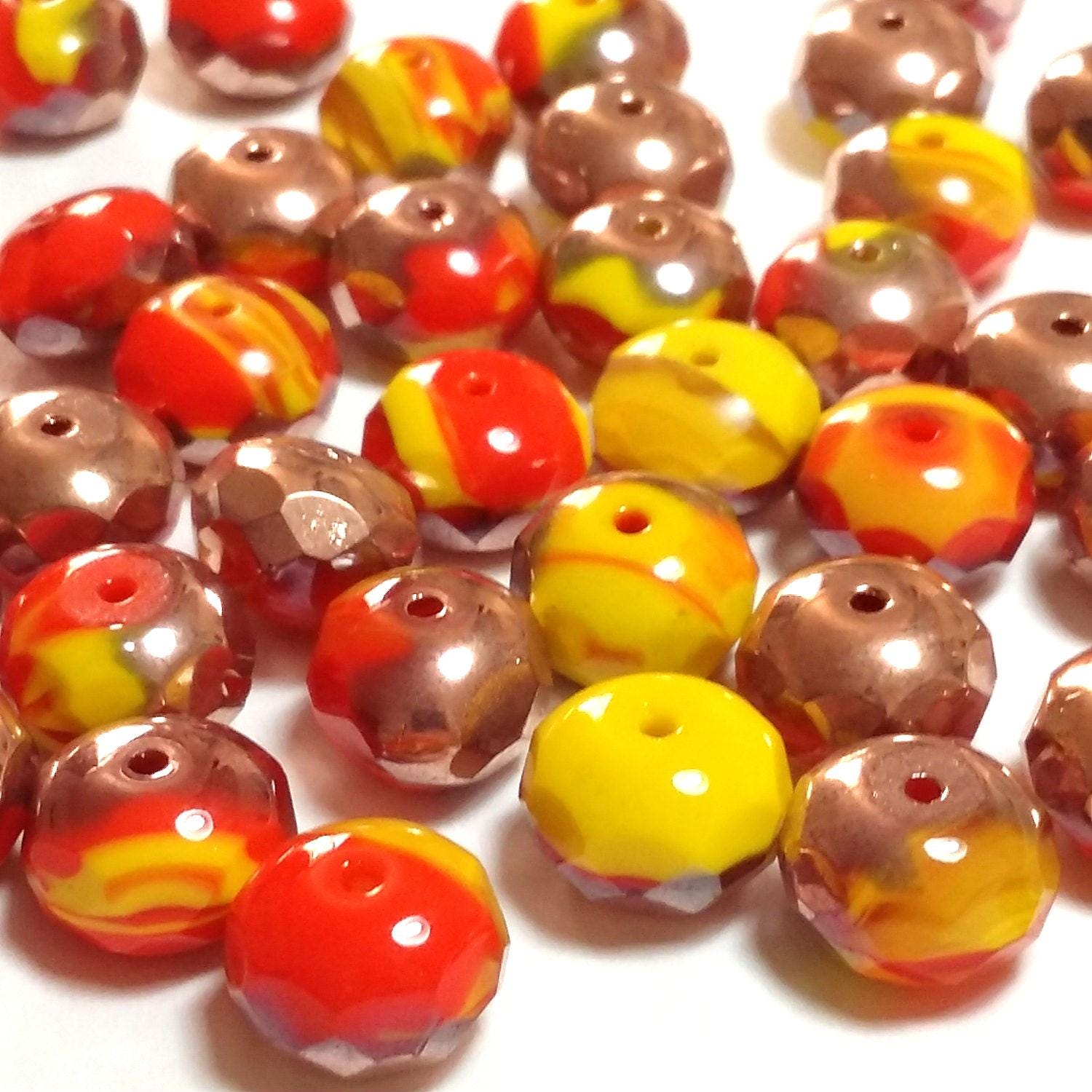Red Yellow & Bronze Rondelle Czech Glass 11x7mm - 6pcs