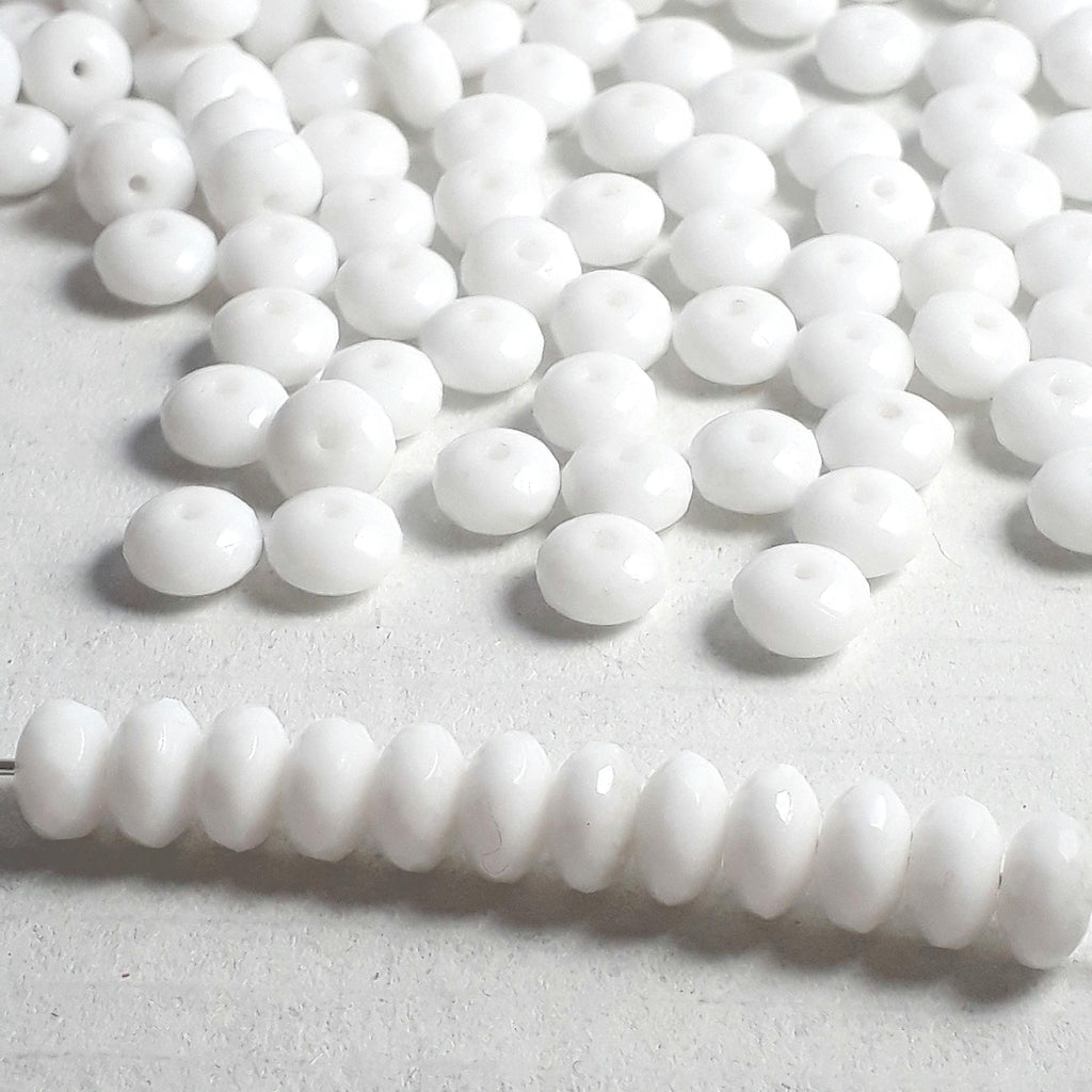 White Opaque Faceted Czech Glass Rondelle 4x7mm - 20pcs