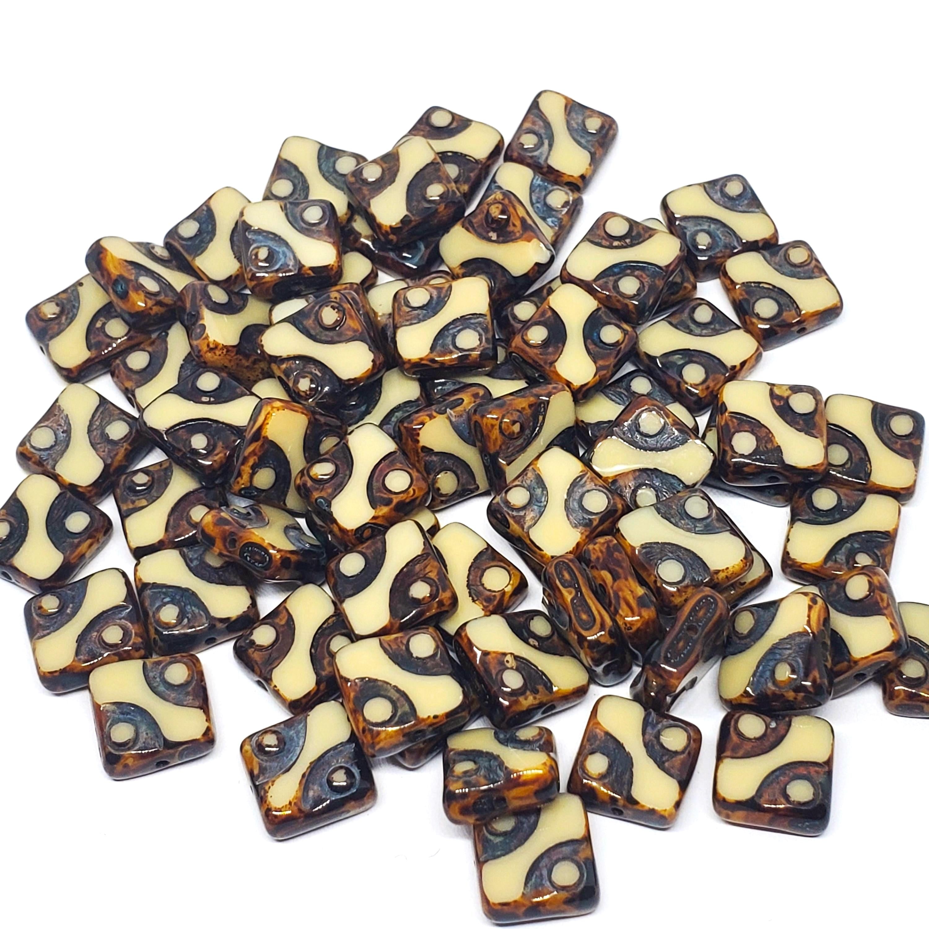 Brown & Cream Table Cut Flat Square Czech Glass 10mm - 6pcs