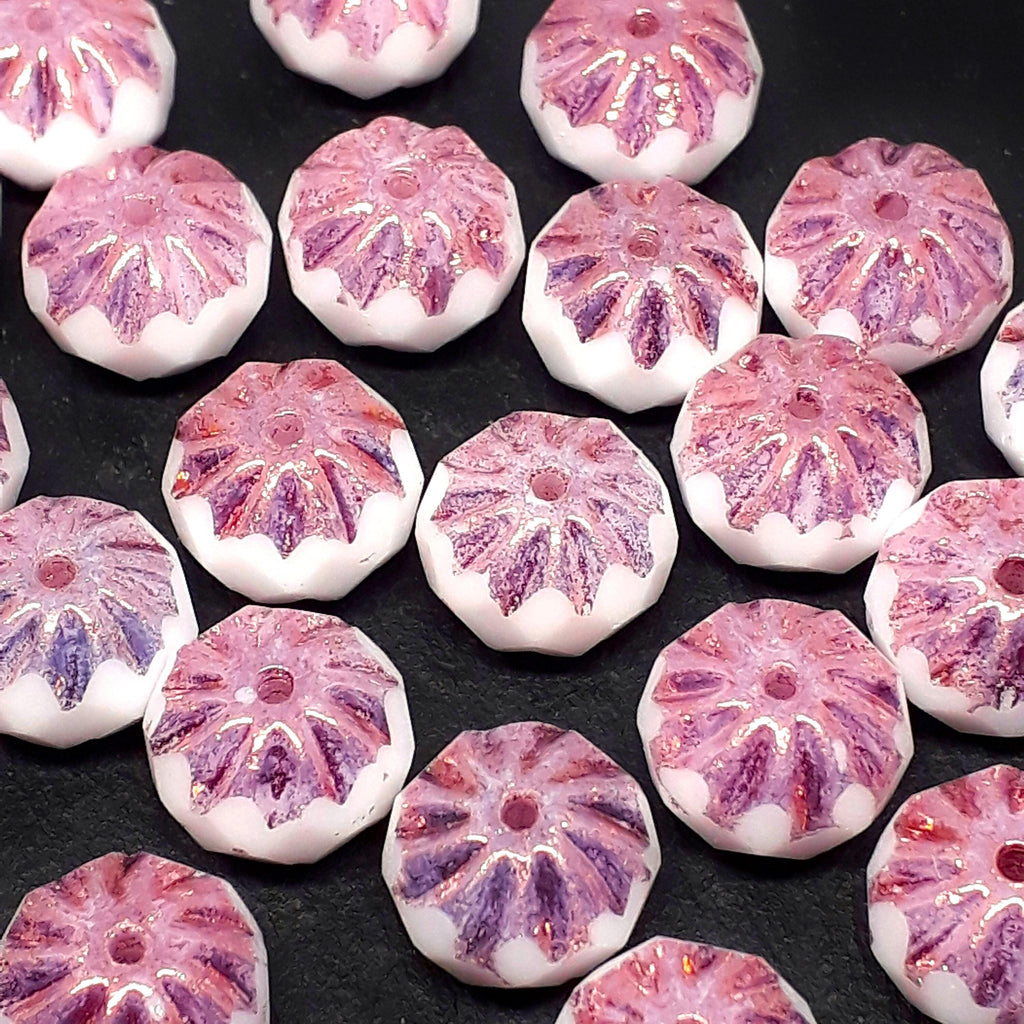 White Dusty Rose & Gold Lustre Czech Glass Rondelle 10x7mm - 6pcs