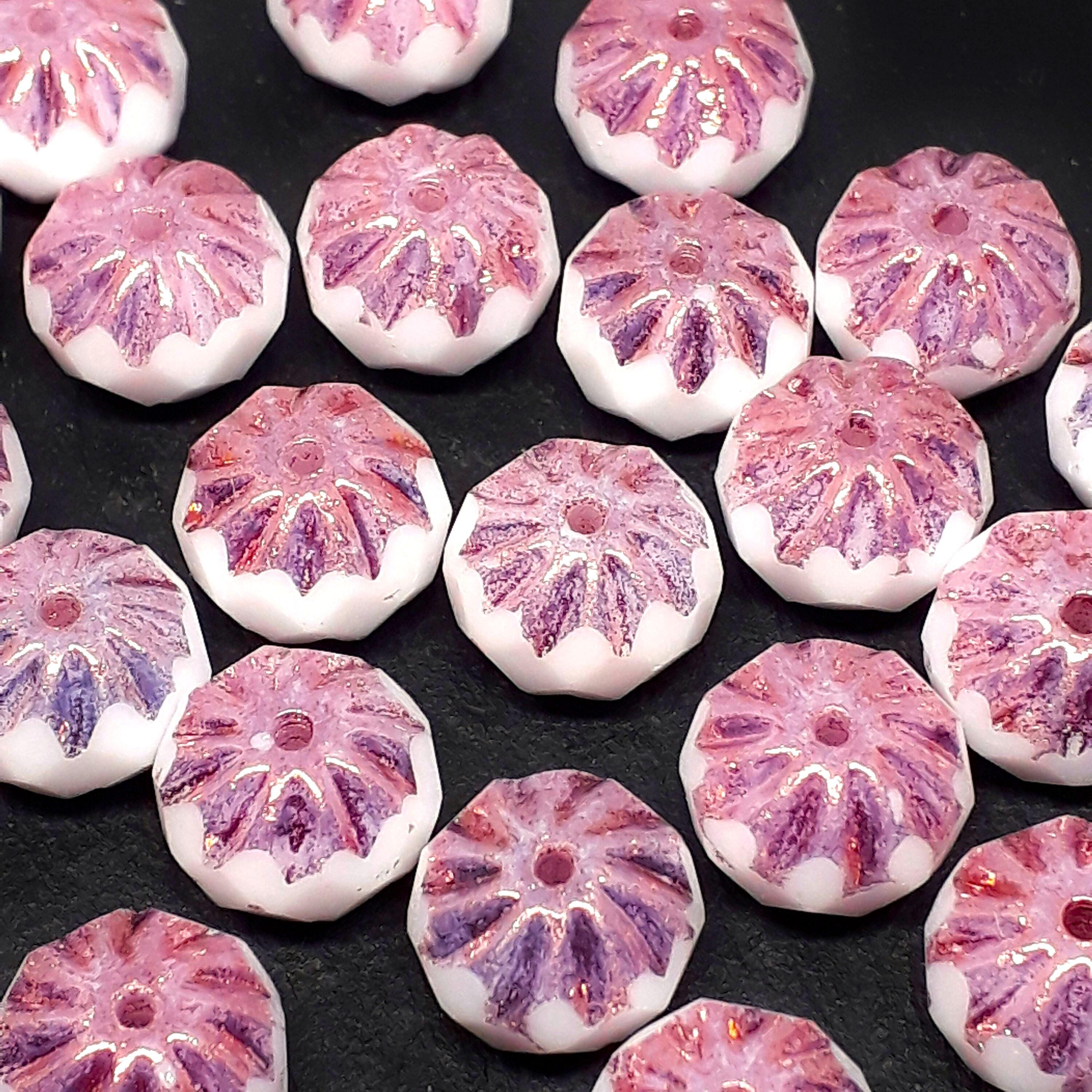 White Dusty Rose & Gold Lustre Czech Glass Rondelle 10x7mm - 6pcs