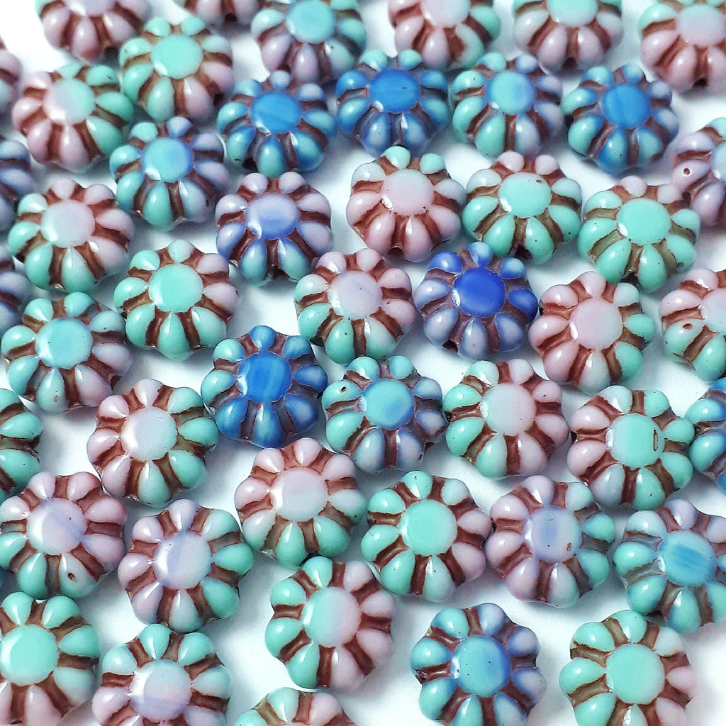 Green, Blue & Pink Czech Glass Hawaiian Flower 9mm - 10pcs