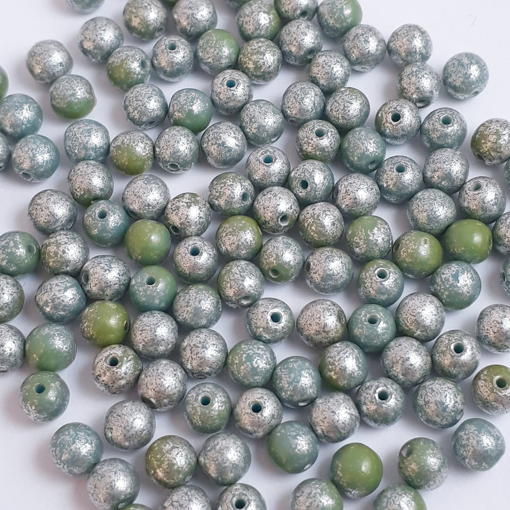 Two Tone Green & Silver Czech Glass Round 4mm - 60pcs