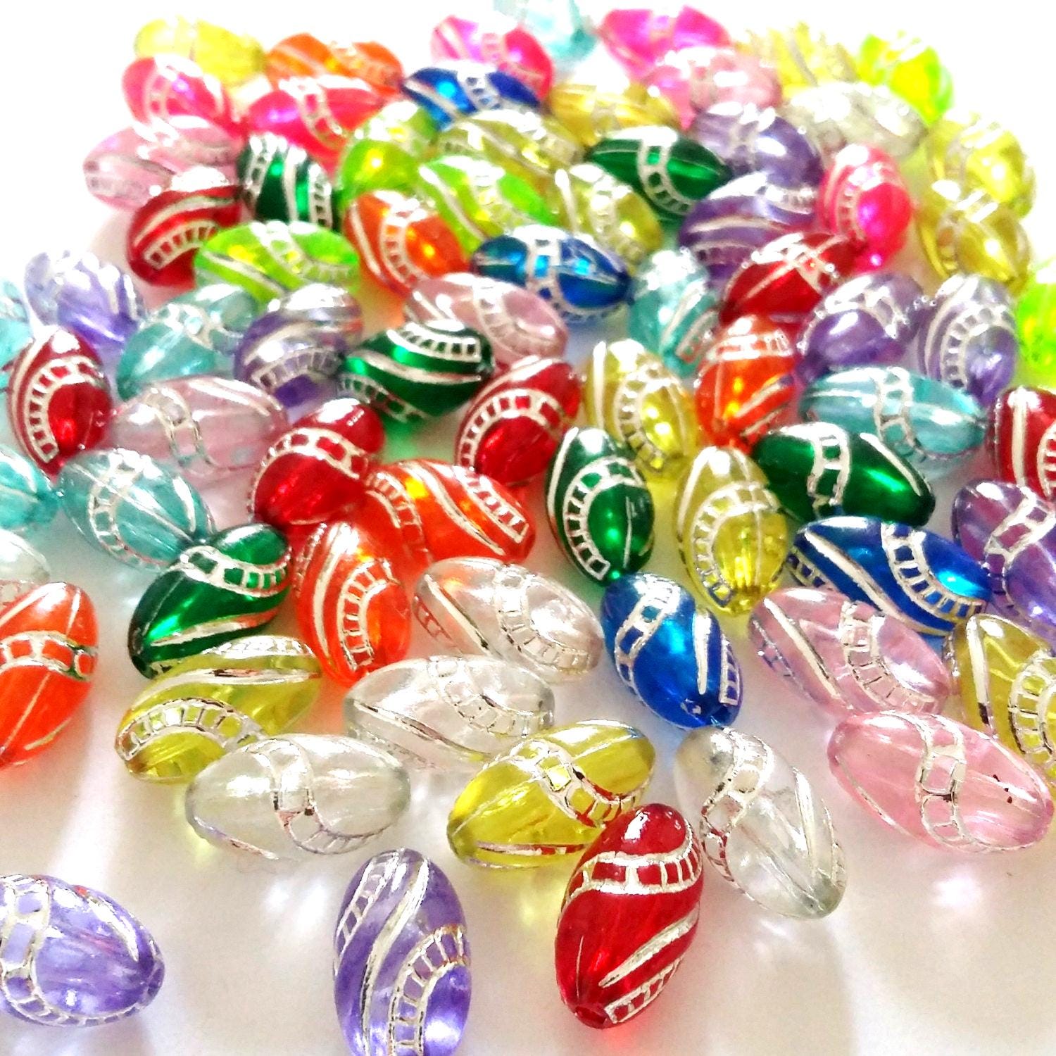 Mixed Colour Silver Etched Oval Acrylic 13x7mm - 50pcs