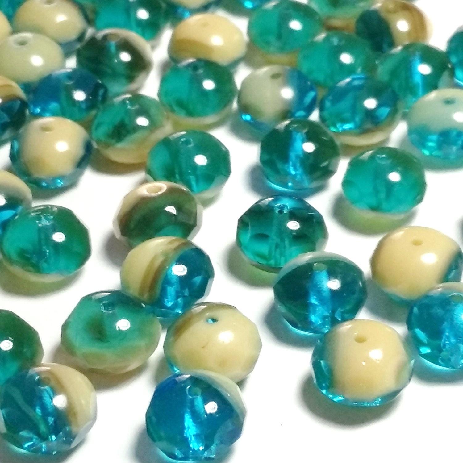 Turquoise & Beige Czech Glass Rondelle 8x6mm - 10pcs