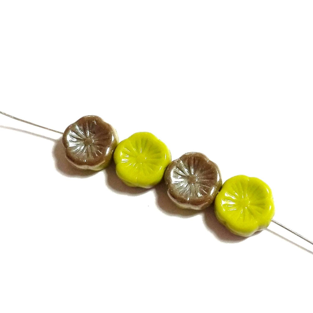 Green Metallic Hawaiian Flower Czech Glass 12mm - 6pcs