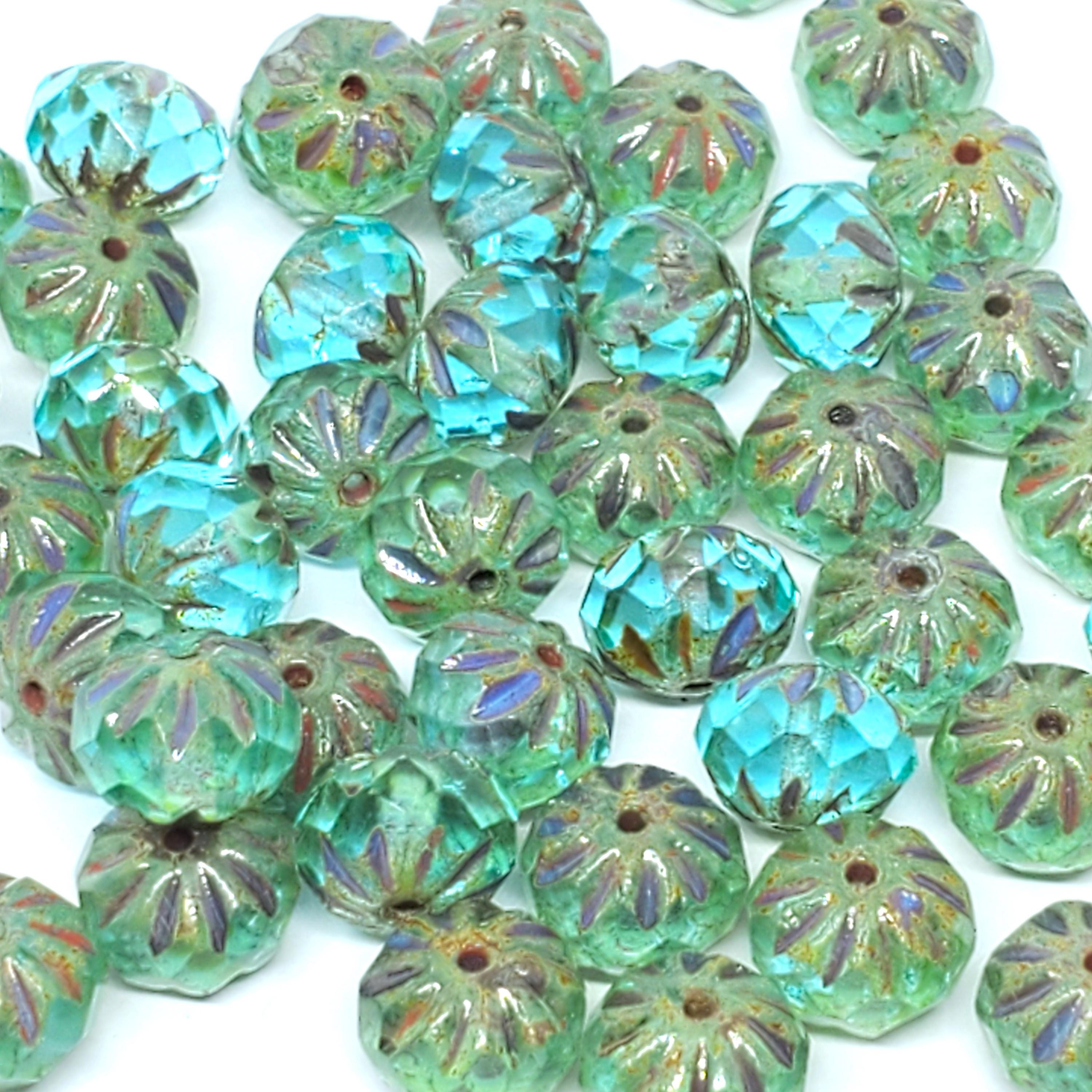 Aqua Blue Czech Glass Rondelle Cathedral 10x7mm - 6pcs