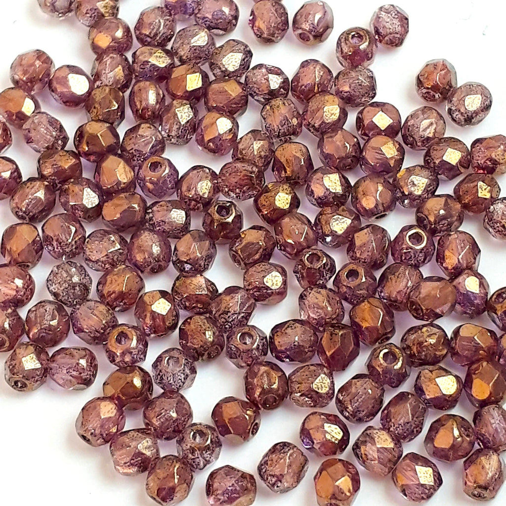 Pink & Gold Lustre Faceted Czech Glass Round 3mm - 60pcs