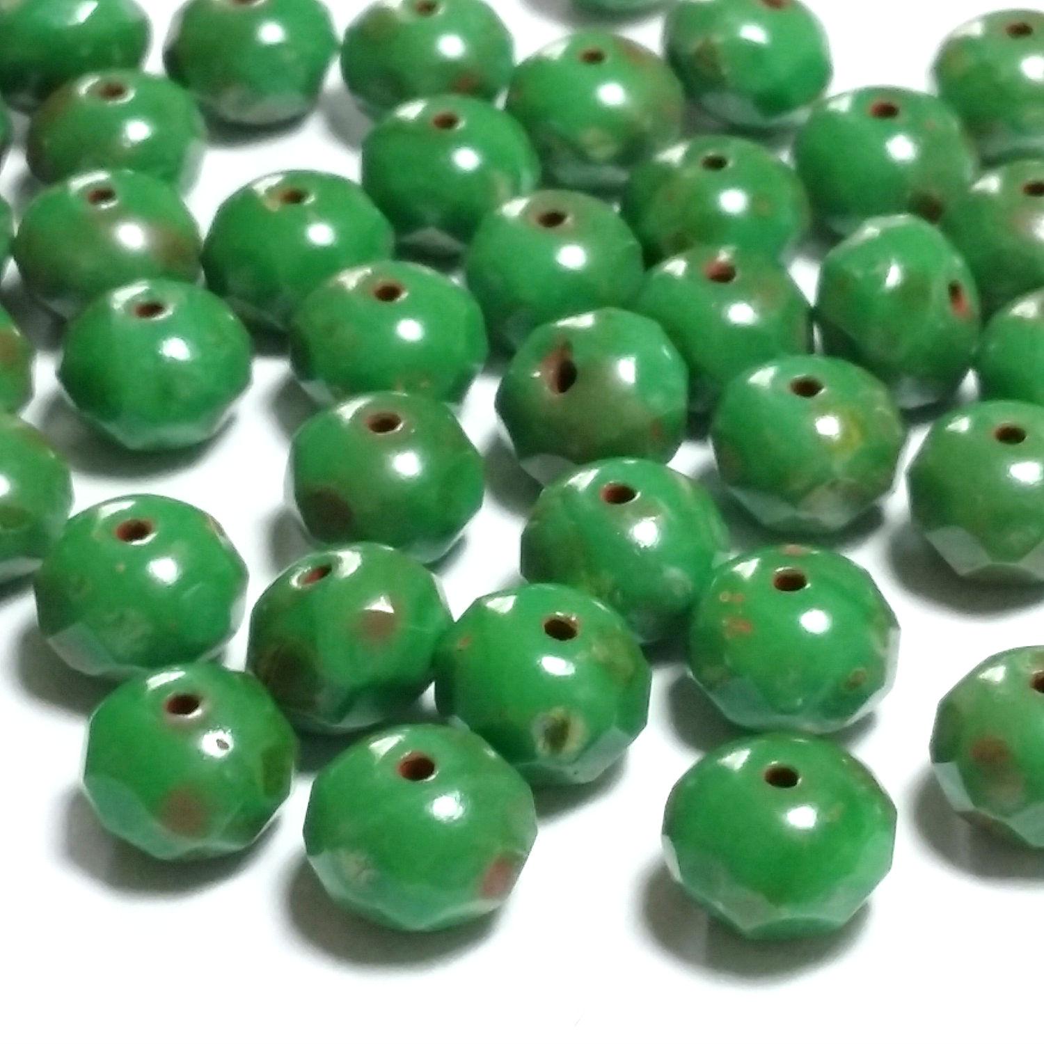 Forest Green Lustre Picasso Czech Glass Rondelle 8x6mm - 10pcs