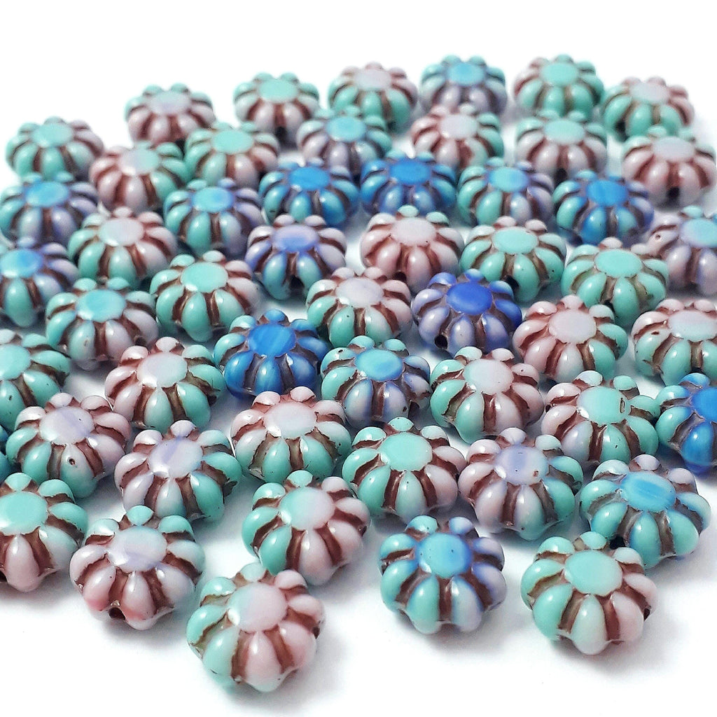 Green, Blue & Pink Czech Glass Hawaiian Flower 9mm - 10pcs