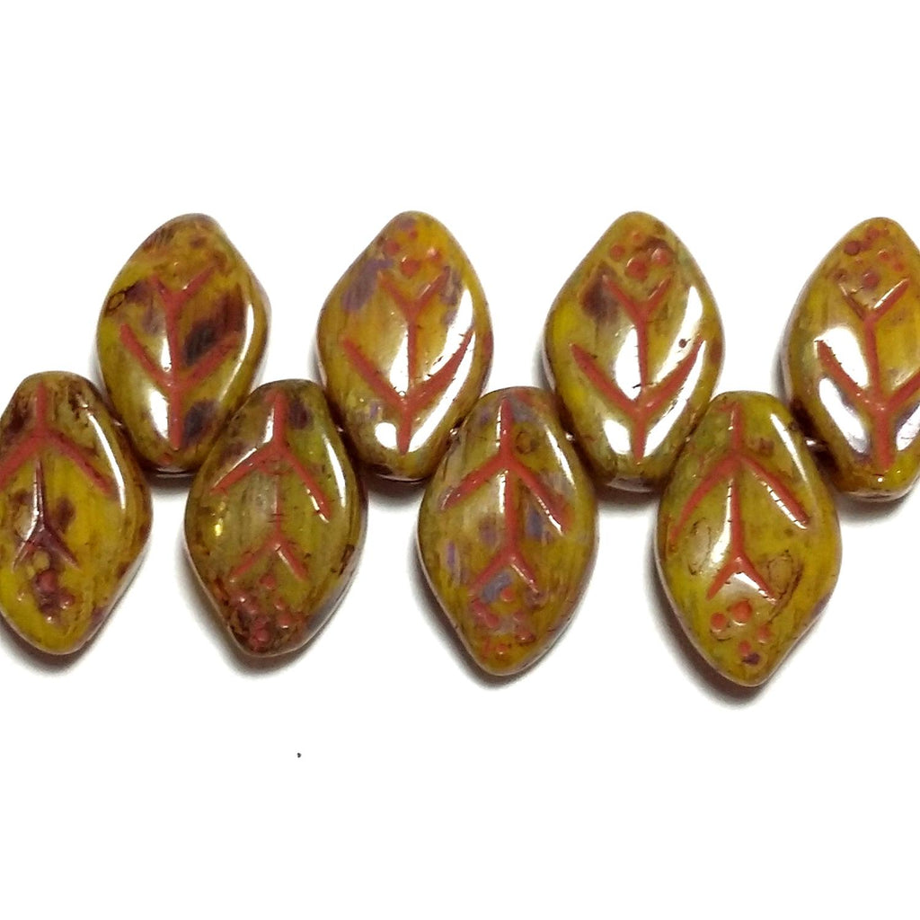 Green & Red Picasso Czech Glass Leaf 12x7mm - 20pcs
