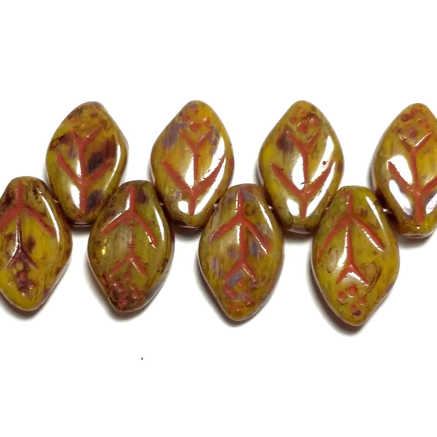 Green & Red Picasso Czech Glass Leaf 12x7mm - 20pcs