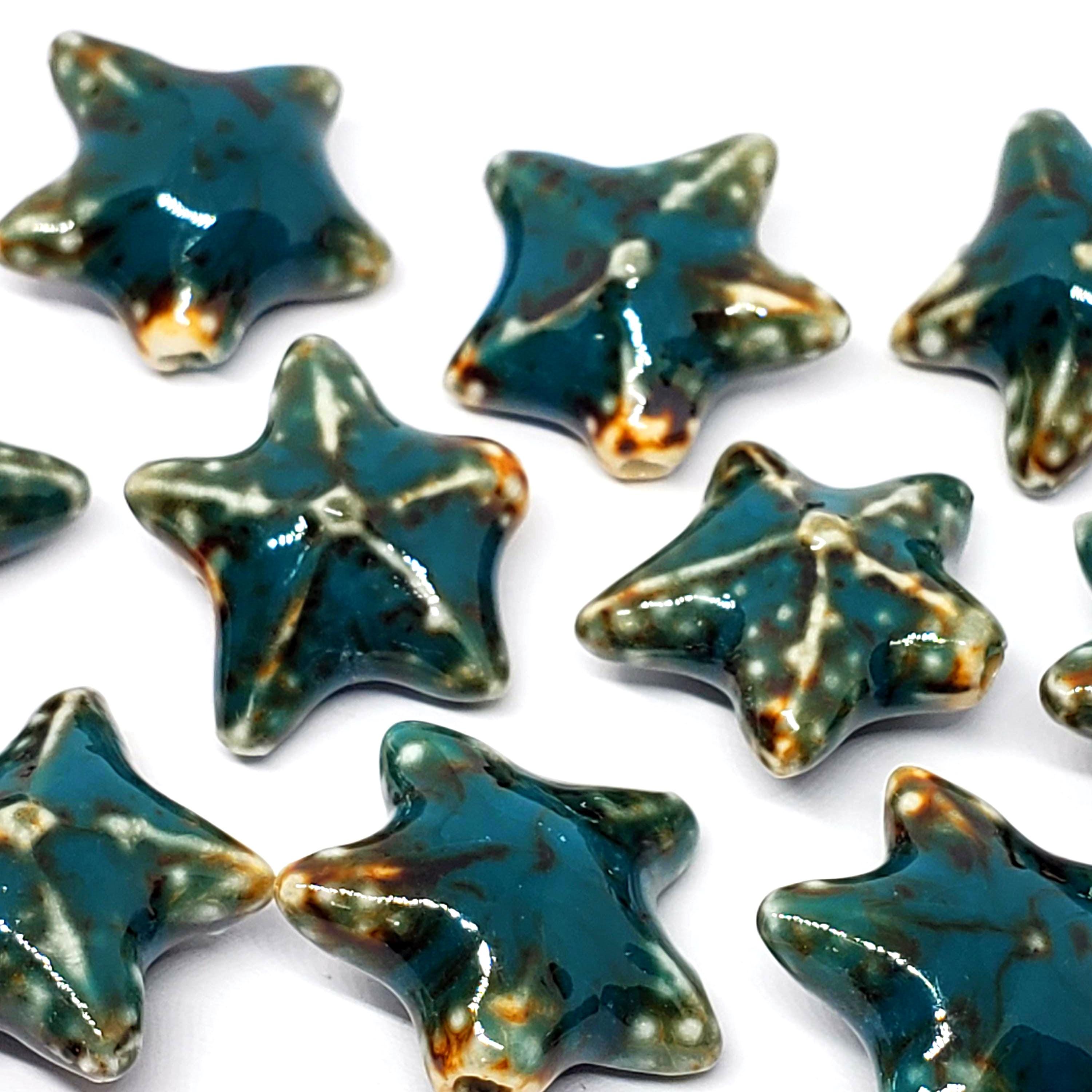 Teal Starfish Glazed Ceramic 22mm - 2pcs