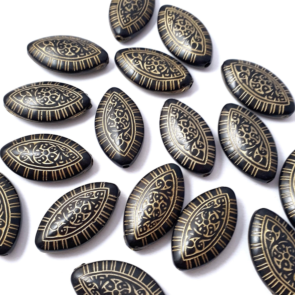 Black & Gold Tribal Acrylic Flat Oval 30x17mm - 6pcs